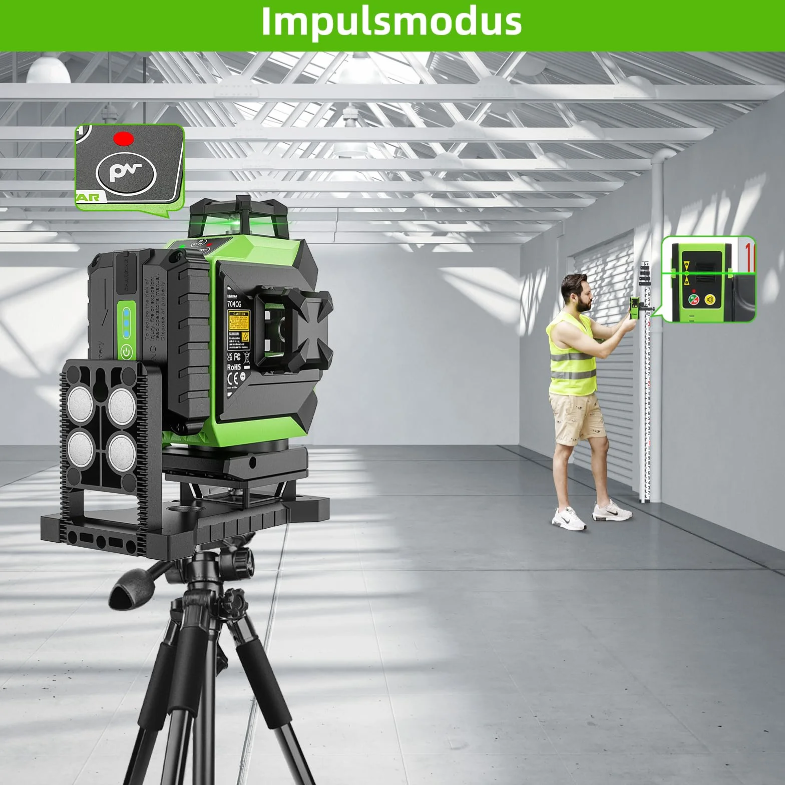 Huepar 4x360 Laser Cross Line 4D Automatyczne poziomowanie Zielone światło Linia krzyżowa 16 linii do płytek podłogowych Narzędzie laserowe-2x360 Pozioma/pionowa linia laserowa-Akumulator 704CG