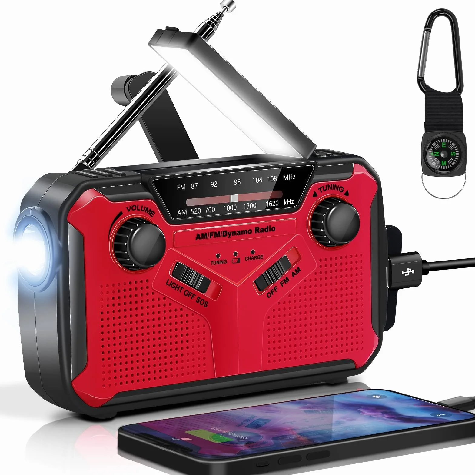 Przenośne Radio Słoneczne 2500mAh AM FM Korbka Latarka LED Alarm SOS USB