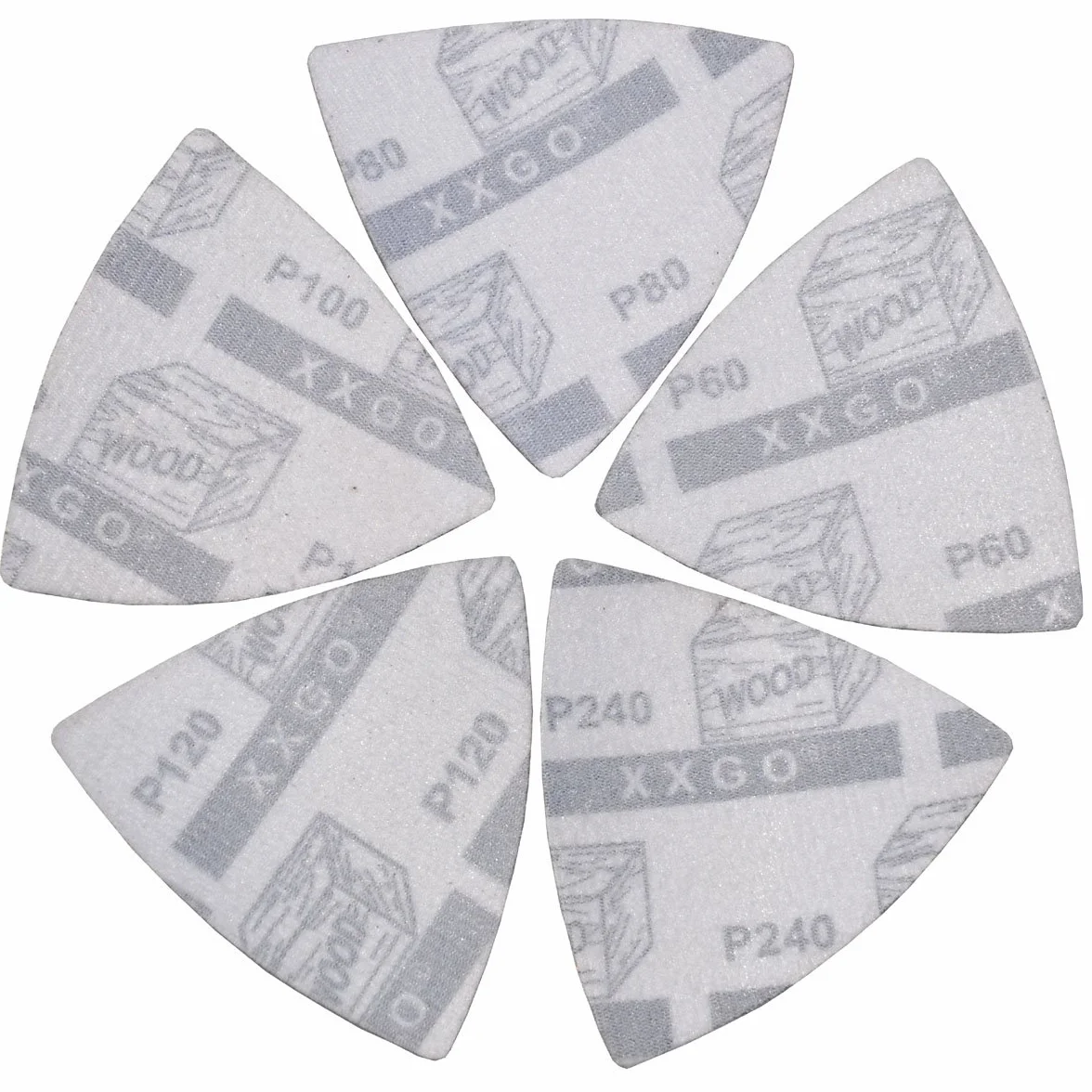 XXGO 55 szt. trójkąt 3-1/8 cala 80 mm 60/80/100/120/240 ziarnistości oscylujący wielofunkcyjny papier ścierny nr XG5501U