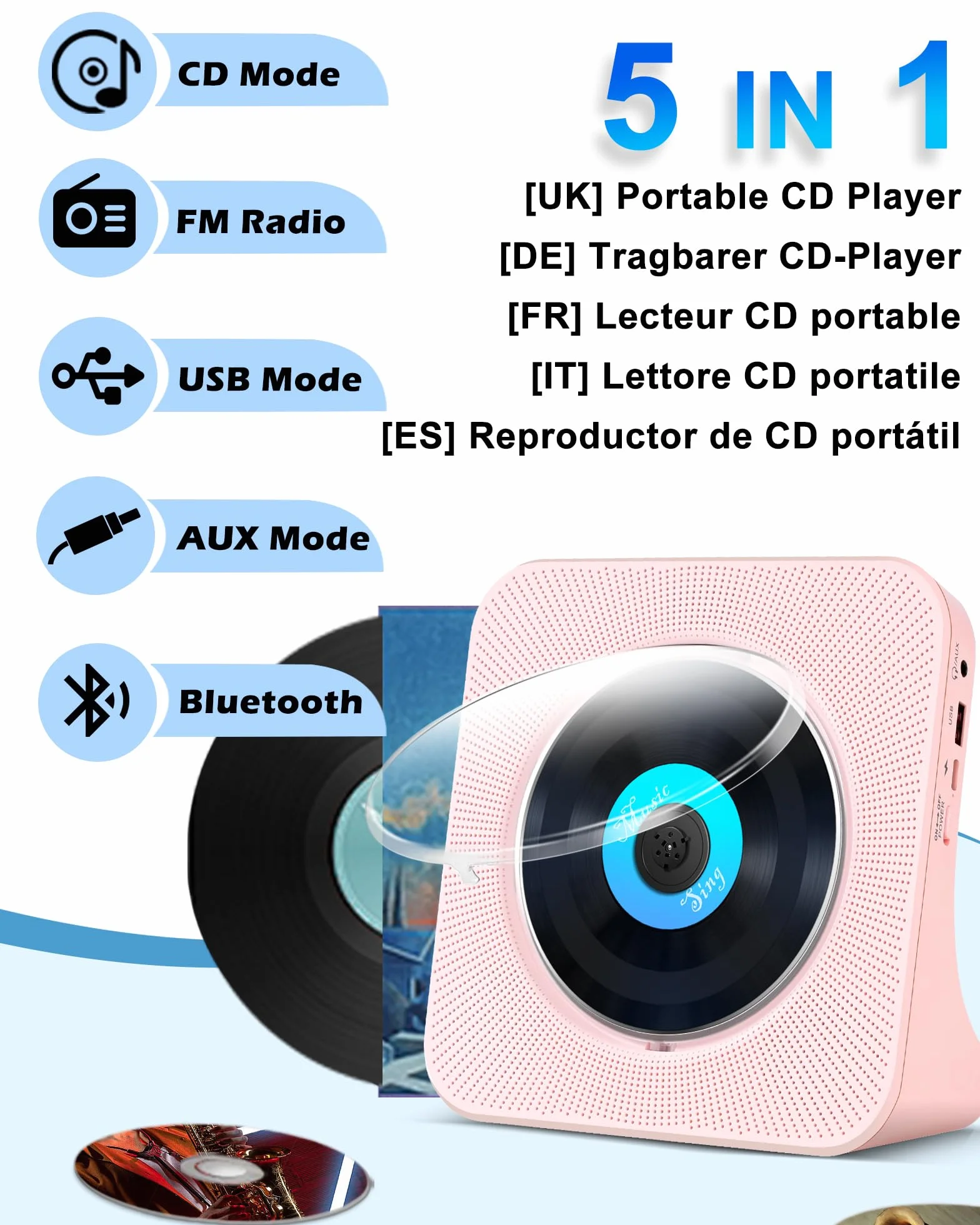 Przenośny odtwarzacz CD HIFI Bluetooth 4000 mAh pilot Sleep Timer radio FM USB