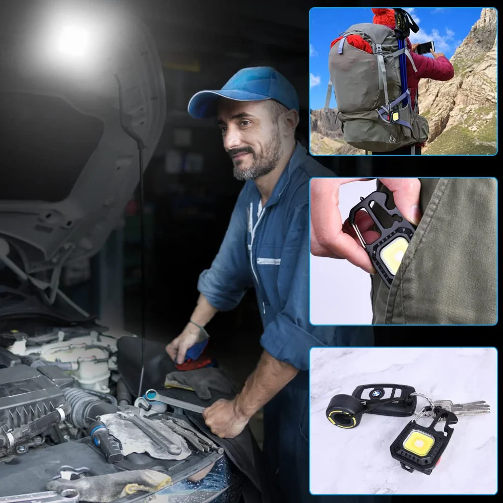 URAQT Mini Latarka LED, 7 trybów Mini latarka do kluczy, Wielofunkcyjne światło magnetyczne, wodoodporne, z otwieraczem do butelek, młotkiem do tłuczenia szkła, śrubokrętem