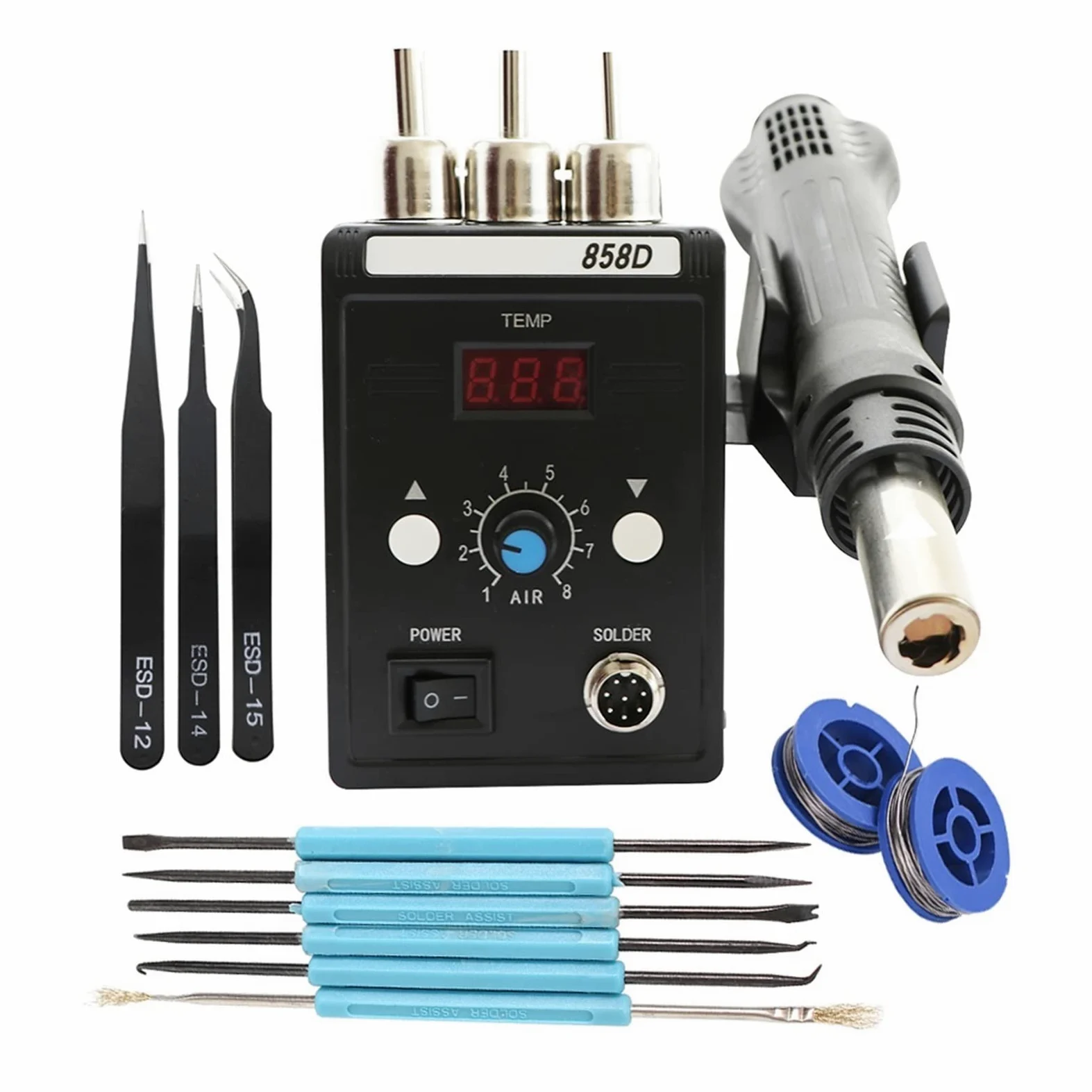 Stacja lutownicza, Soldering Iron Hot Air Station majsterkowanie Digital Rework Phone Repair BGA SMD StationRework Solder(Black SET-3)