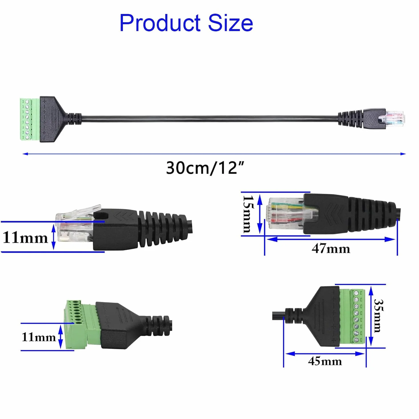 RUNCCI-YUN Zacisk śrubowy RJ45, RJ45 Ethernet 8P8C męski 8-pinowy przedłużacz do AV CCTV DVR Cat6 Cat5 łącznik liniowy (30 cm / 2 sztuki)