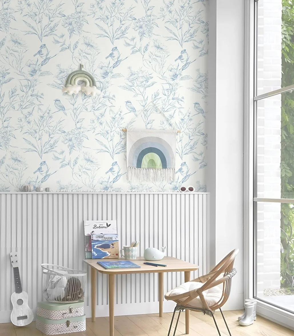 LiKiLiKi Samoprzylepna tapeta beżowa i niebieska – Folia samoprzylepna do mebli – 44 x 300 cm – Vintage – Tapeta w kwiaty – Do łazienki, salonu, szafy – Zdejmowalna – Wodoodporna – Nadaje się do