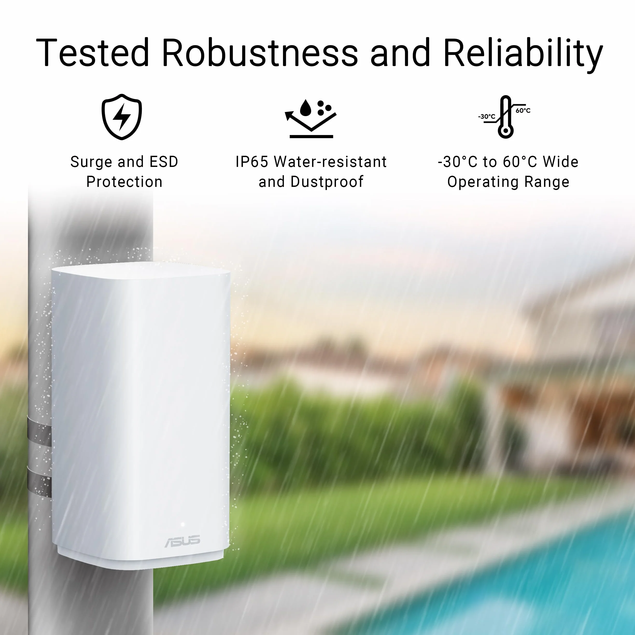 ZenWiFi BD4 BE3600 Outdoor Dualband WiFi 7 AiMesh rozszerzalny router 1 szt. (3600 Mbit/s, zasięg do 235 m², podwójne porty 2,5 G, ochrona przed warunkami atmosferycznymi IP65, 3 SSID do urządzeń IOT,