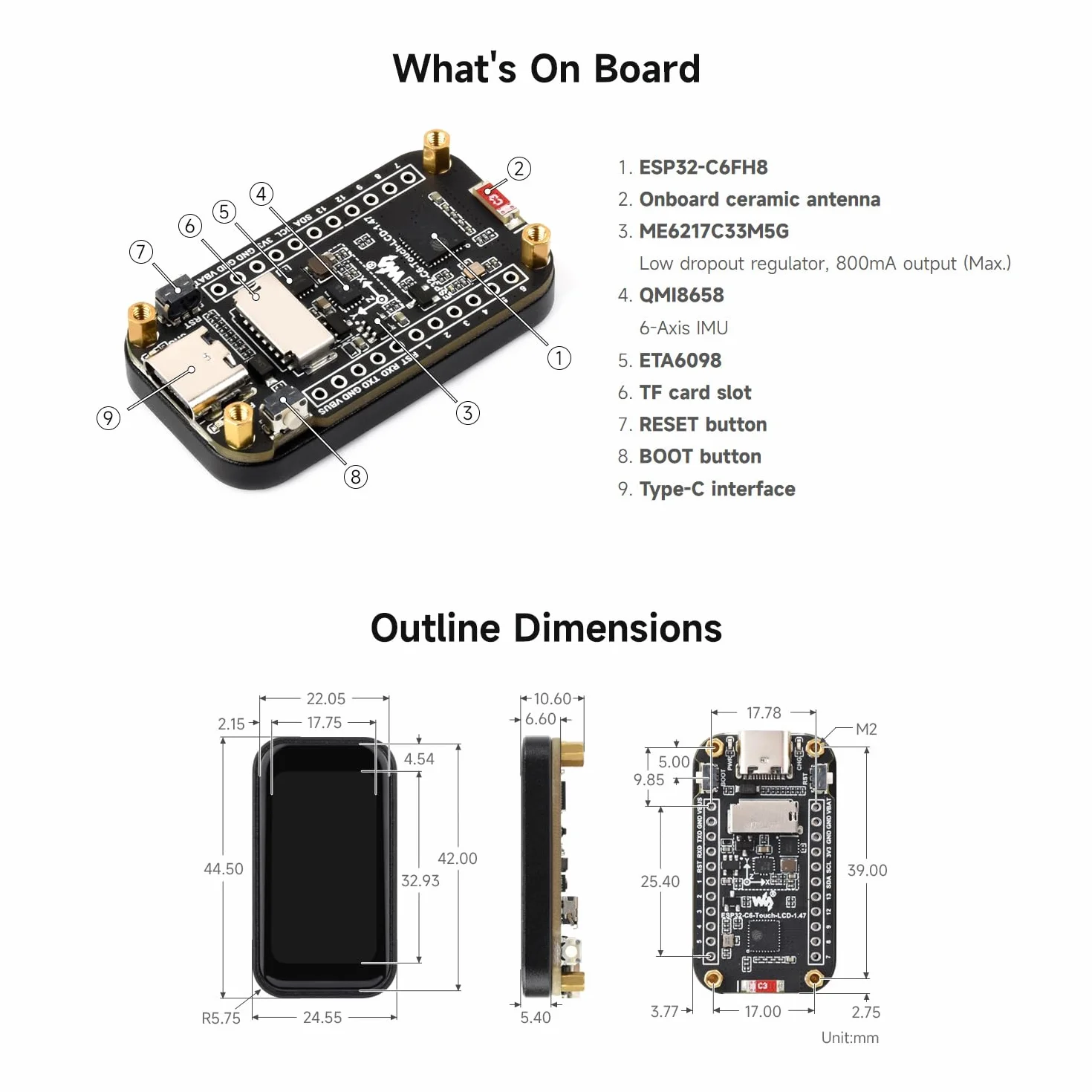 Waveshare ESP32-C6 1.47inch Touch Display Development Board, 172x320 Resolution, 262K Color, WiFi 6, BLE 5, RISC-V 160MHz