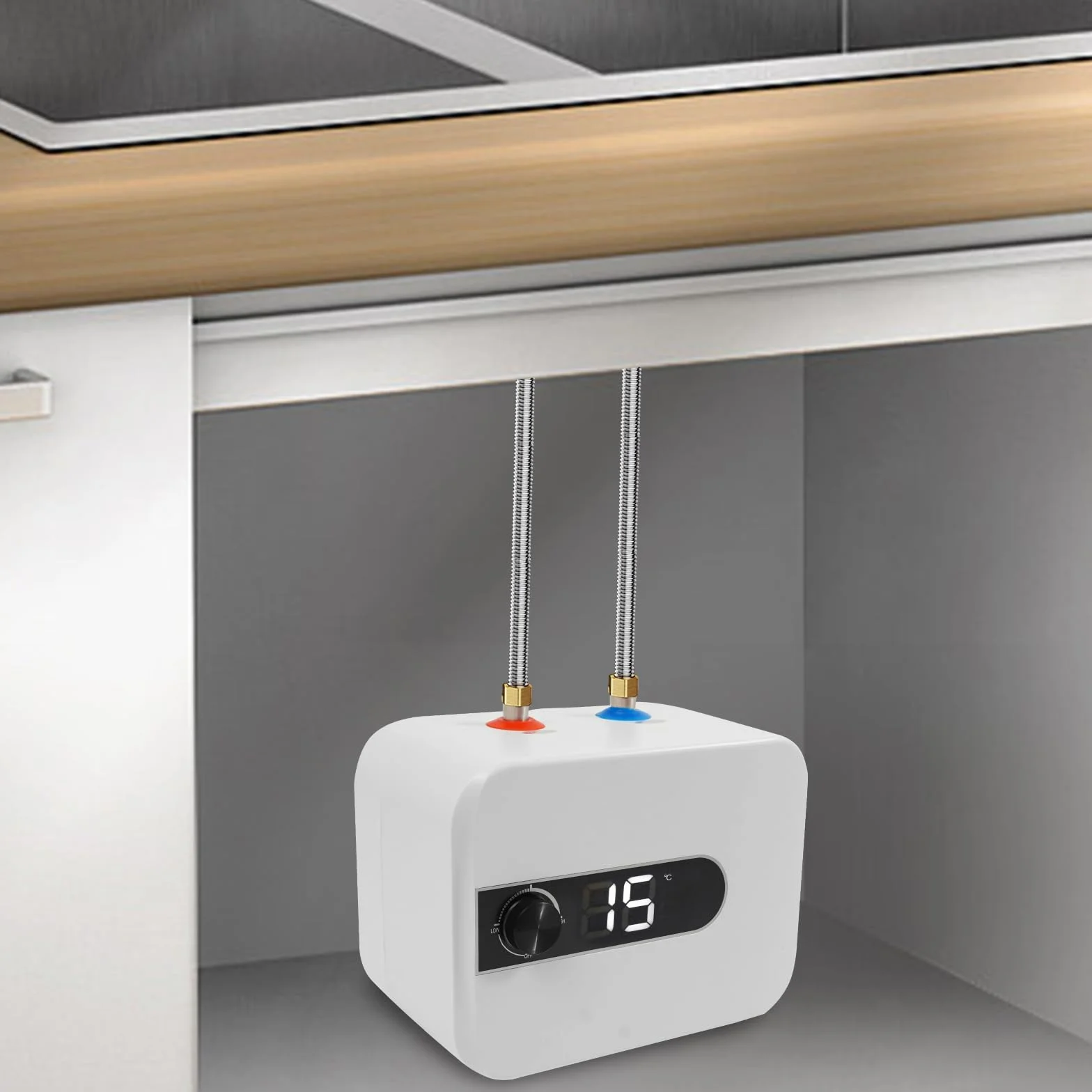 Elektryczny mini podgrzewacz wody 5 l, 1500 W, zbiornik ciepłej wody z regulatorem temperatury, bojler ciepłej wody do kuchni i łazienki, ochrona IPX4, biały