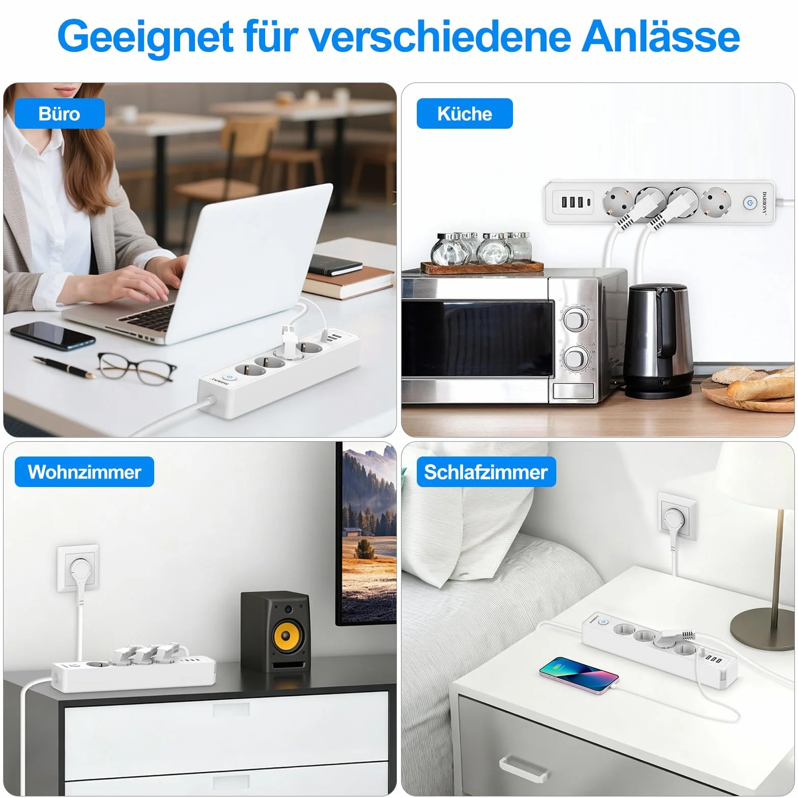 Darbony Listwa zasilająca 4 gniazda USB przełącznik ochrona przepięciem 3680W 16A USB C kabel 1,8m biała
