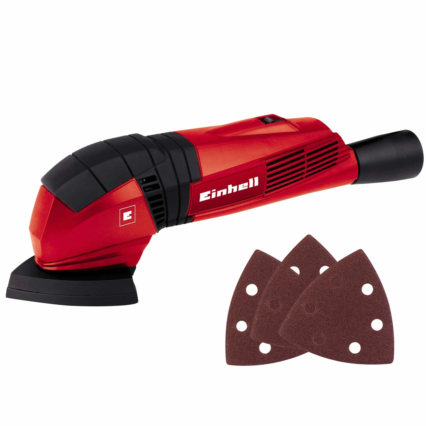 Einhell Szlifierka Delta TC-DS 19 (190 W, prędkość oscylacyjna 20000 1/min, ergonomiczny miękki uchwyt, Extreme Fix, adapter do odsysania kurzu, w zestawie 3 sztuki papieru ściernego), czerwona