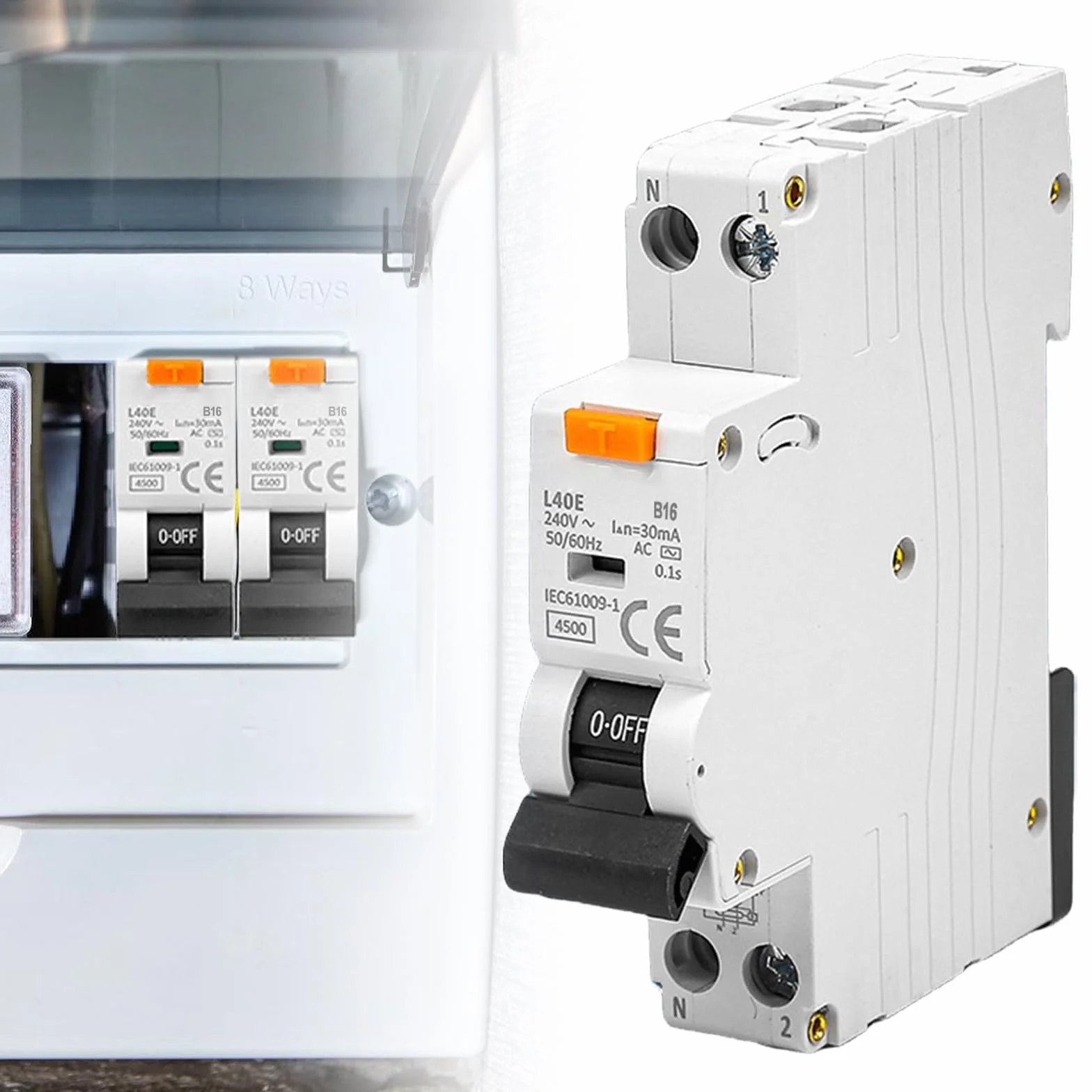 Wyłącznik ochronny FI B16, 30 mA RCBO przełącznik FI chroniony RCD, wyłącznik prądowy 6 kA 1P+N Typ A wyłącznik różnicowoprądowy z RCBO prąd znamionowy 16 A 230 V, montaż na szynie DIN - krzywa B