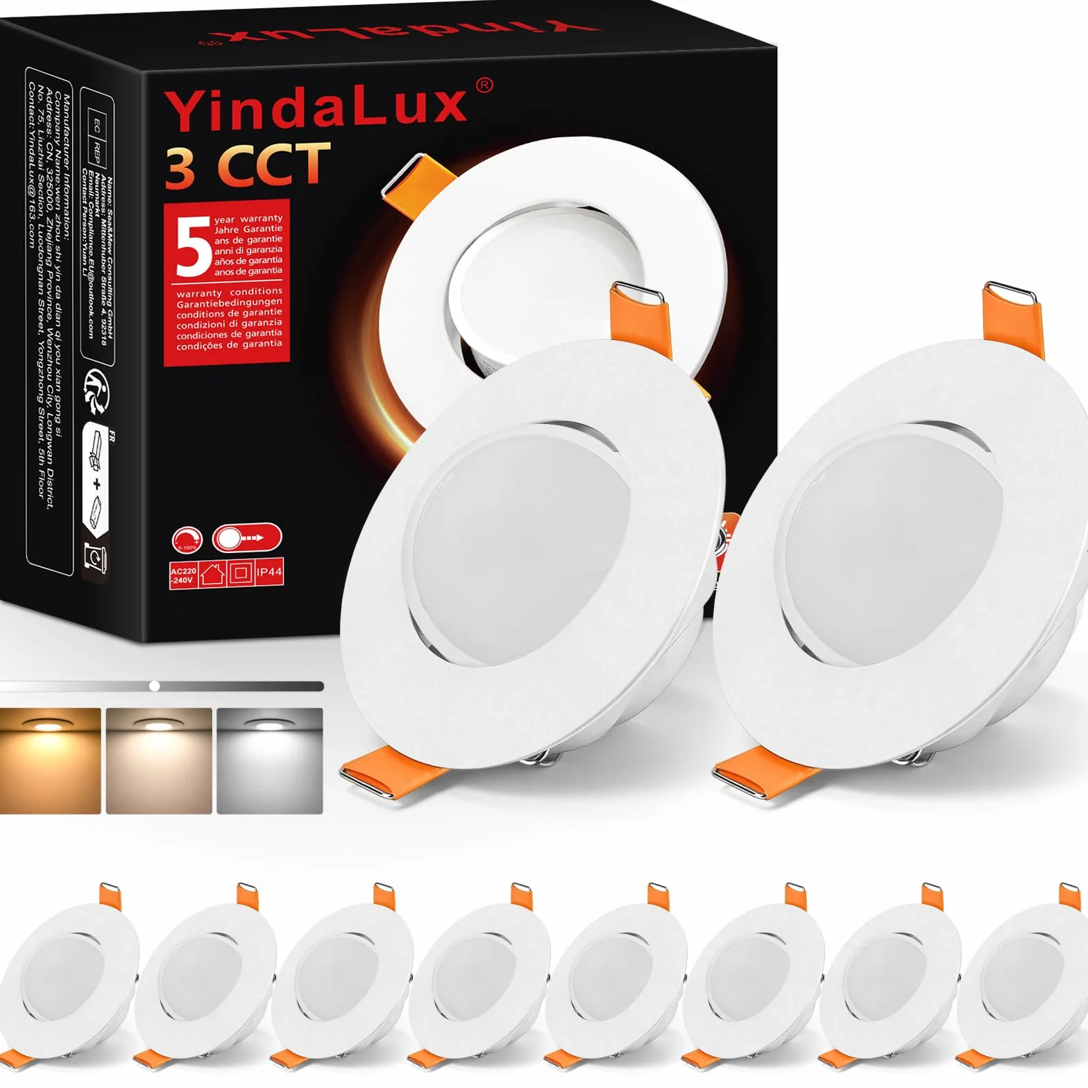 YindaLux LED reflektor do zabudowy 230 V ściemniany IP44 5 W ultra cienki, wymiar cięcia 68-80 mm, 3000 K / 4000 K / 6000 K, kąt nachylenia 45°, reflektor do zabudowy do łazienki salonu biały, zestaw