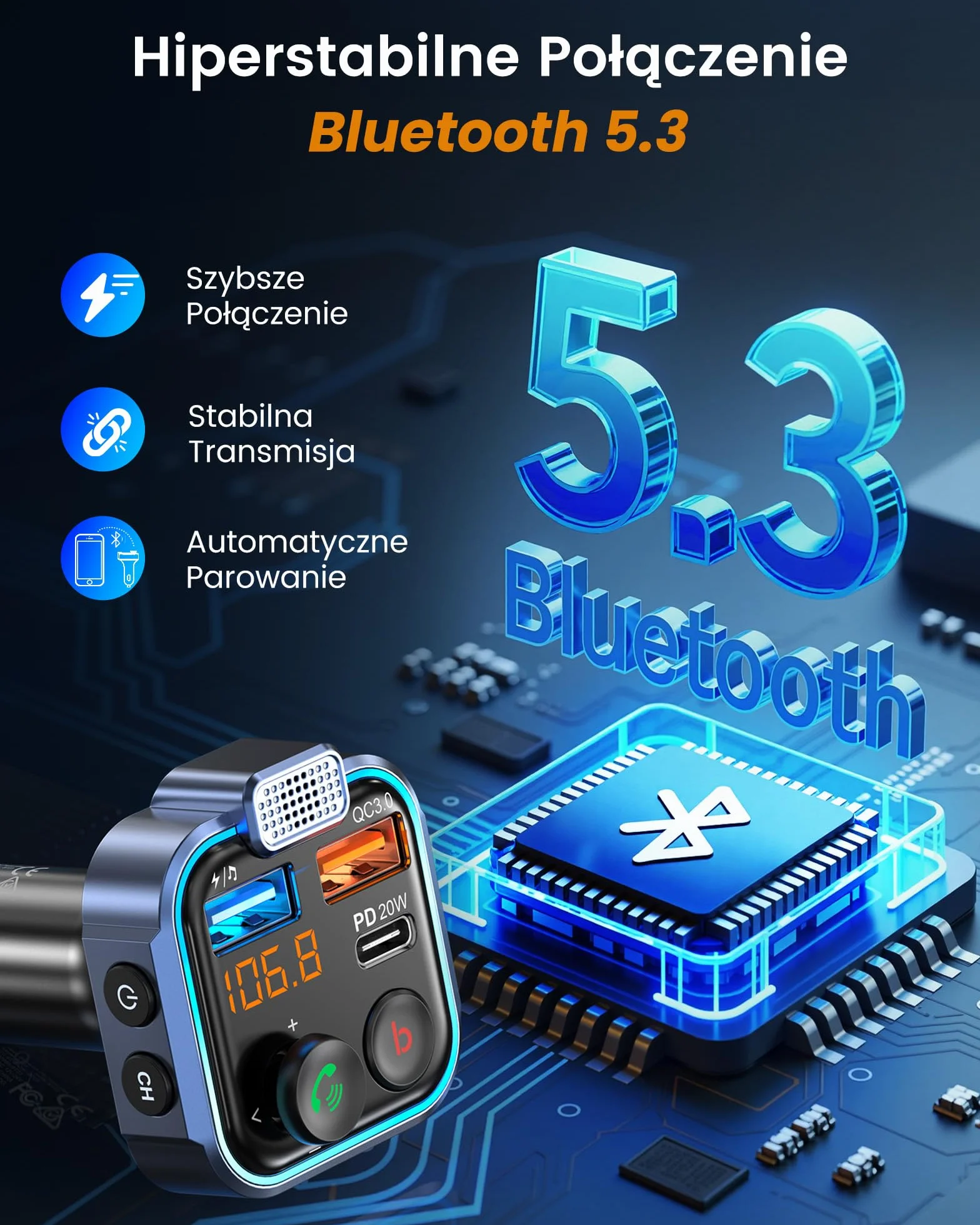 LENCENT Nadajnik FM Bluetooth V5.3, Transmiter FM Radio Samochodowe z głębokim basem Ładowarka Samochodowa z Zestawem głośnomówiącym i dwoma portami USB PD Type-C QC 3.0 USB z Niebieskim Oświetleniem