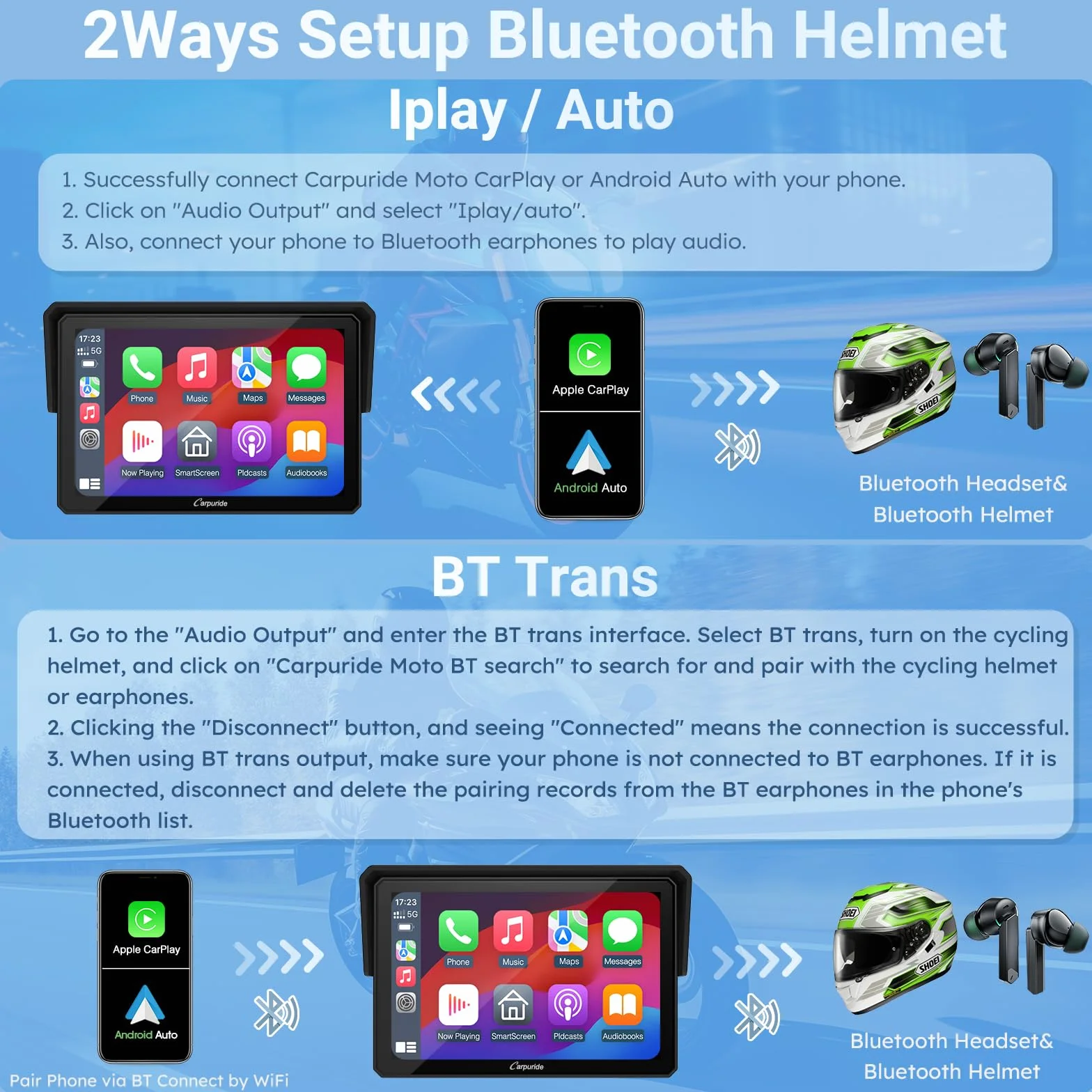Carpuride W502 Ekran motocyklowy 5" GPS CarPlay Android Auto wodoodporny IP67 Bluetooth