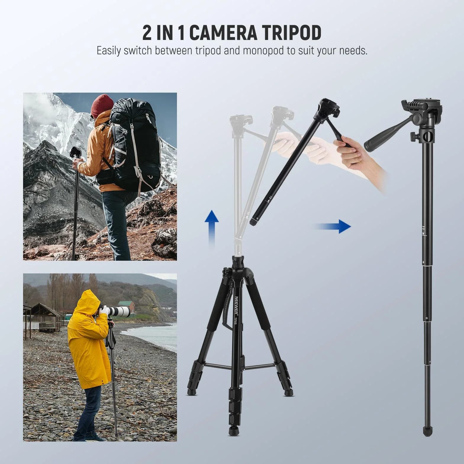 NEEWER BASICS TP05 Statyw Wideo Monopod 188 cm 3-Kierunkowy Uchwyt na Telefon z Głowicą Pan Tilt