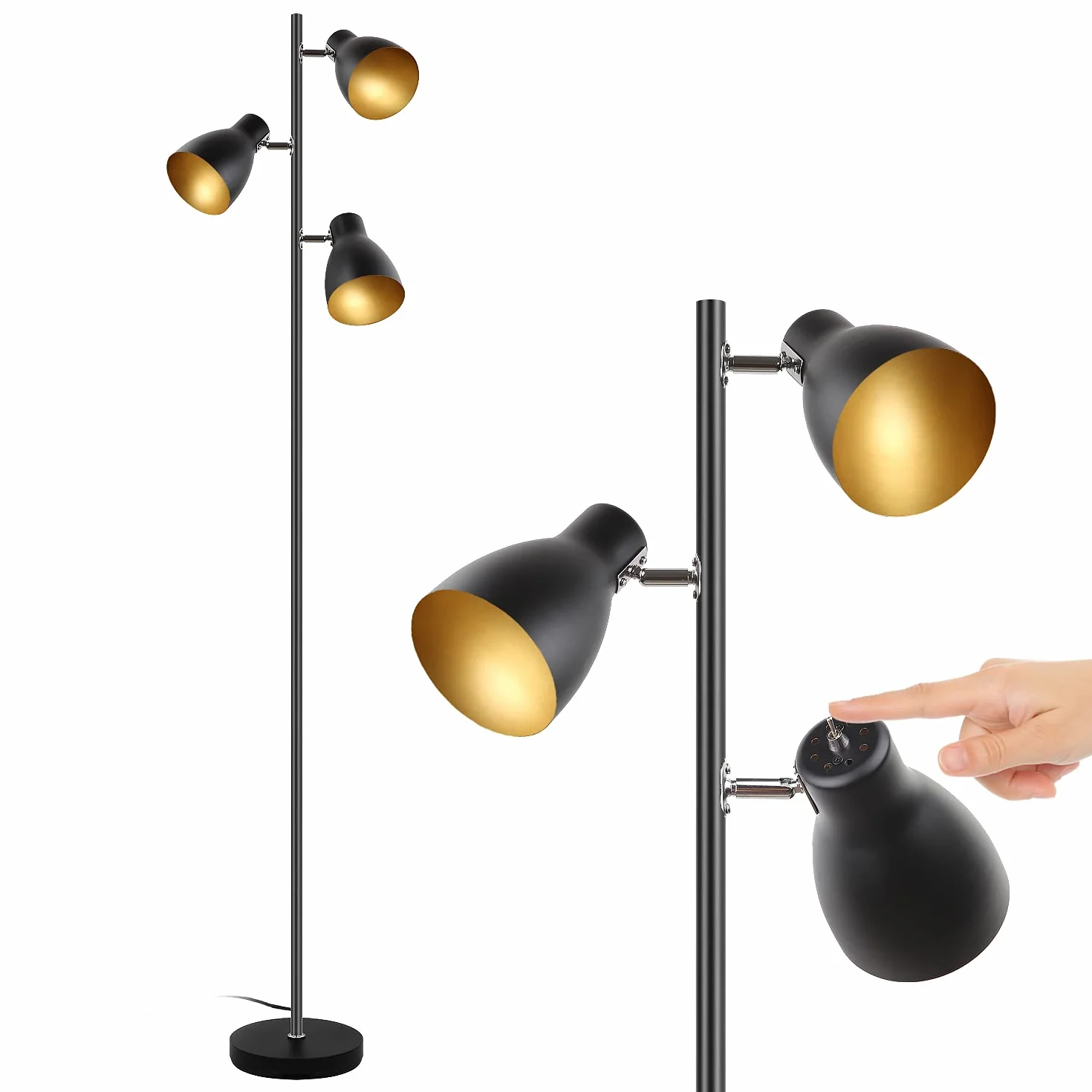Lampa stojąca do czytania drzewo, czarno-złota, 3 regulowane światła | Metal retro, E14, 168 cm, niezależne sterowanie, do salonu i sypialni