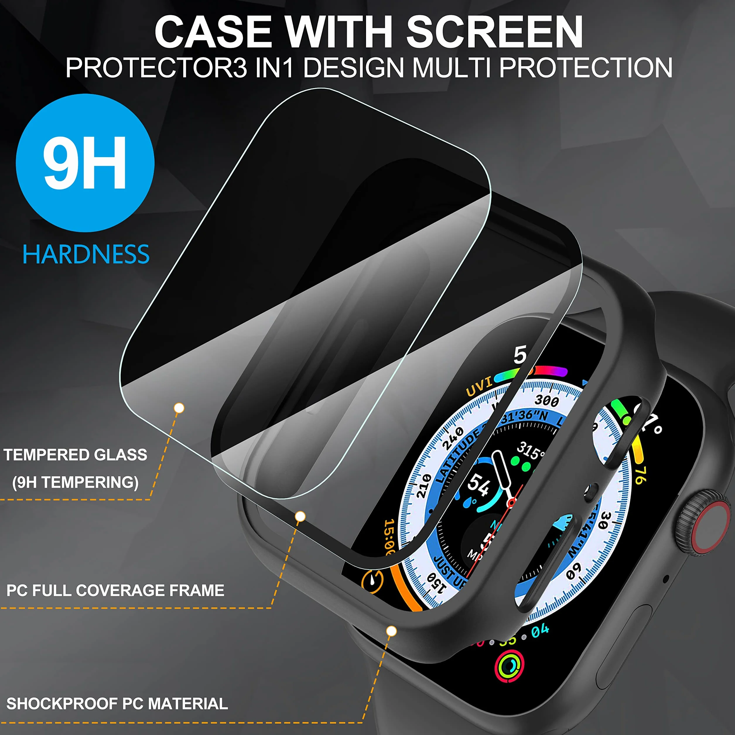 Diruite 3-Pack Prywatności Ochraniacz Ekranu do Apple Watch Series 8/7/6/5/4/SE 2/SE Etui,Twardy PC+Hartowane Szkło Antyszpieg Screen Protector do Apple Watch 45mm 44mm 41mm 40mm Ochrona Case