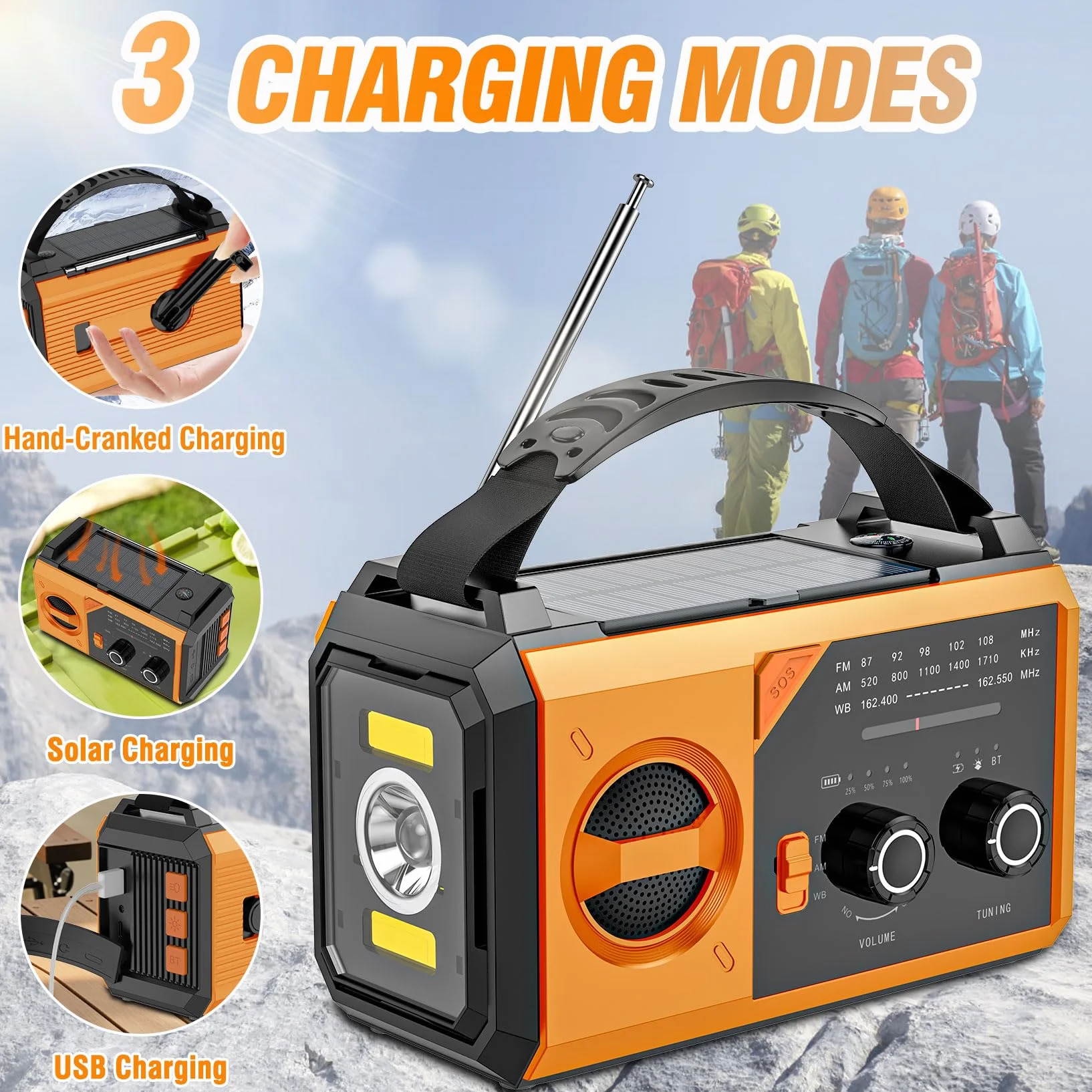 Awaryjne radio pogodowe 20000 mAh AM/FM/NOAA solarne z korbą ręczną i ładowaniem USB