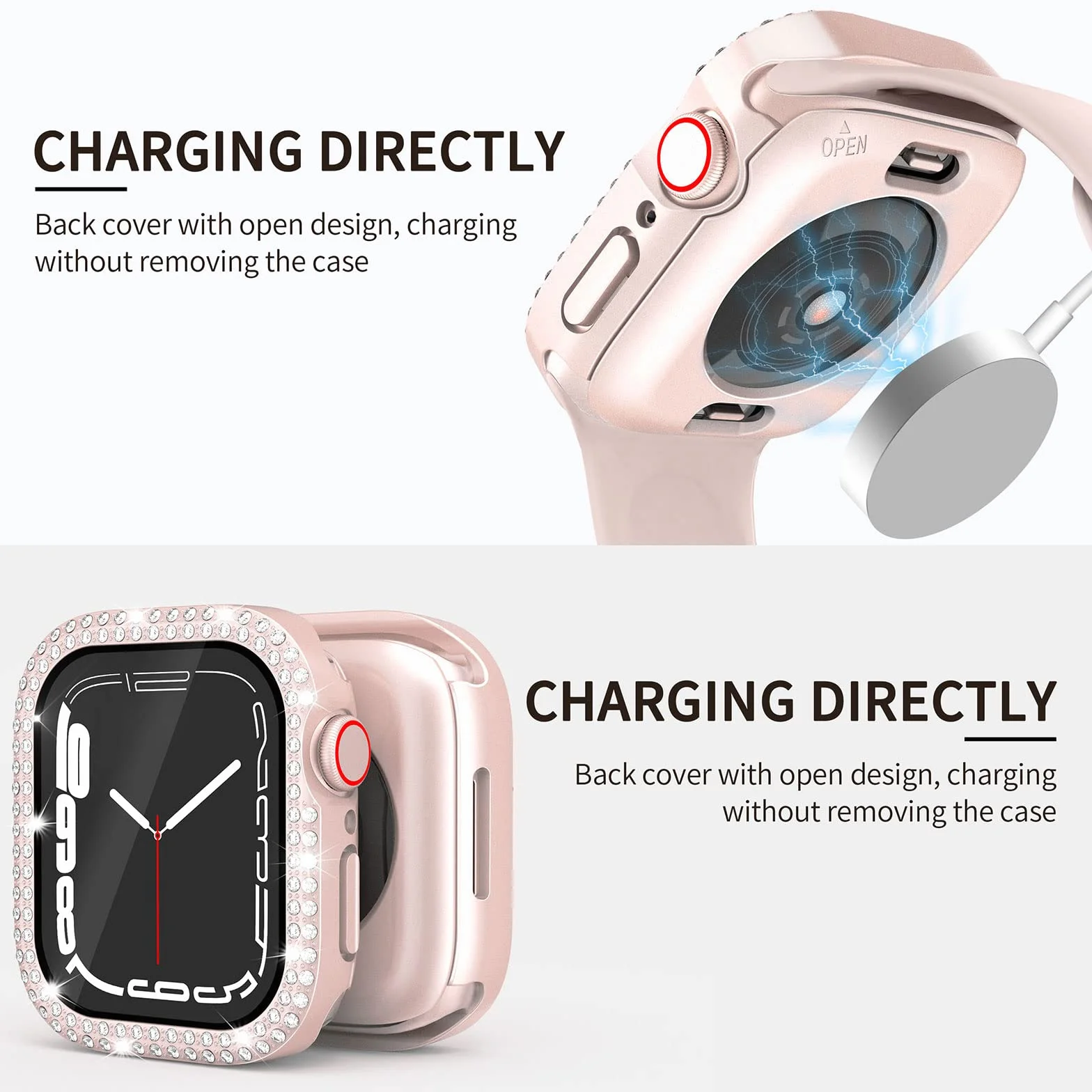 Wodoszczelne, błyszczące etui 2 w 1, kompatybilne z Apple Watch 44 mm, SE3/SE2/SE serii 6/5/4, etui ochronne iWatch z diamentami Bling stras, akcesoria, różowe
