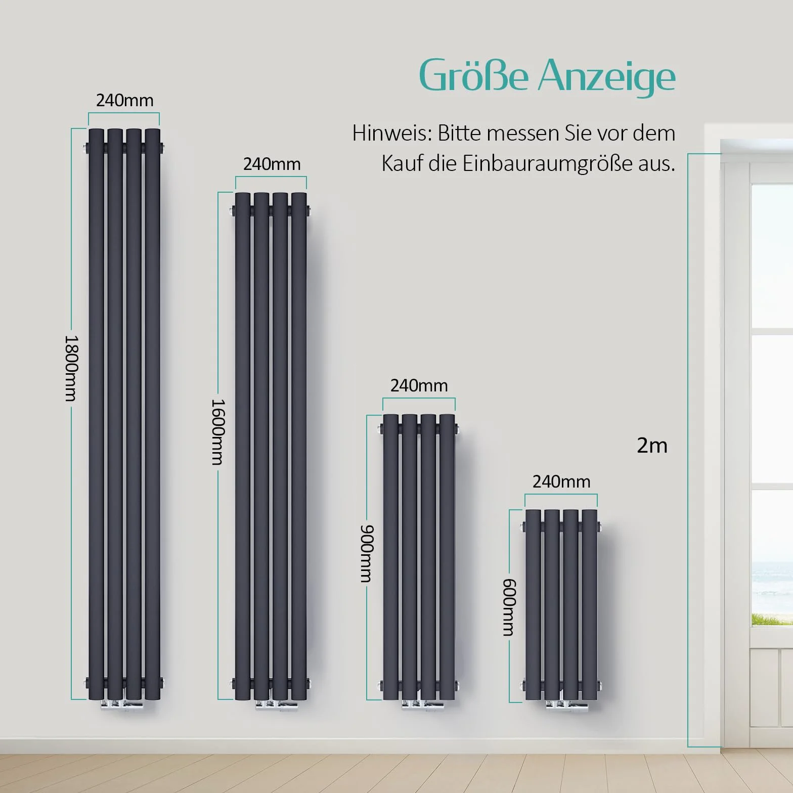 EMKE Grzejnik mały, 900 x 240 mm, owalny grzejnik panelowy, przyłącze środkowe, pionowy, grzejnik rurowy, jednowarstwowy, antracyt, 266 W
