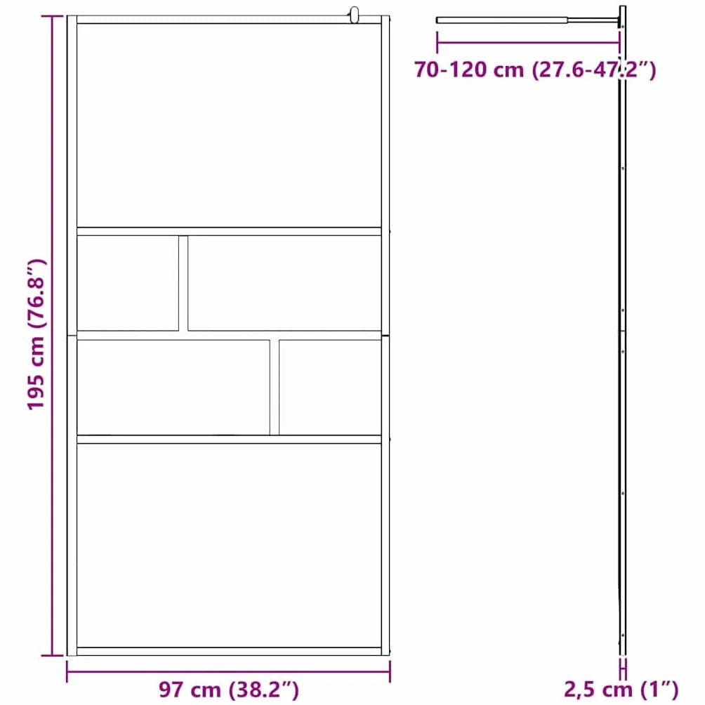 Ścianka prysznicowa Walk-in czarna ze szkła ESG i aluminium, 100 x 195 x 0,5 cm, ochrona przed pryskaniem, ścianka działowa do łazienki ze stabilizatorem, drążkiem mocującym i uszczelką