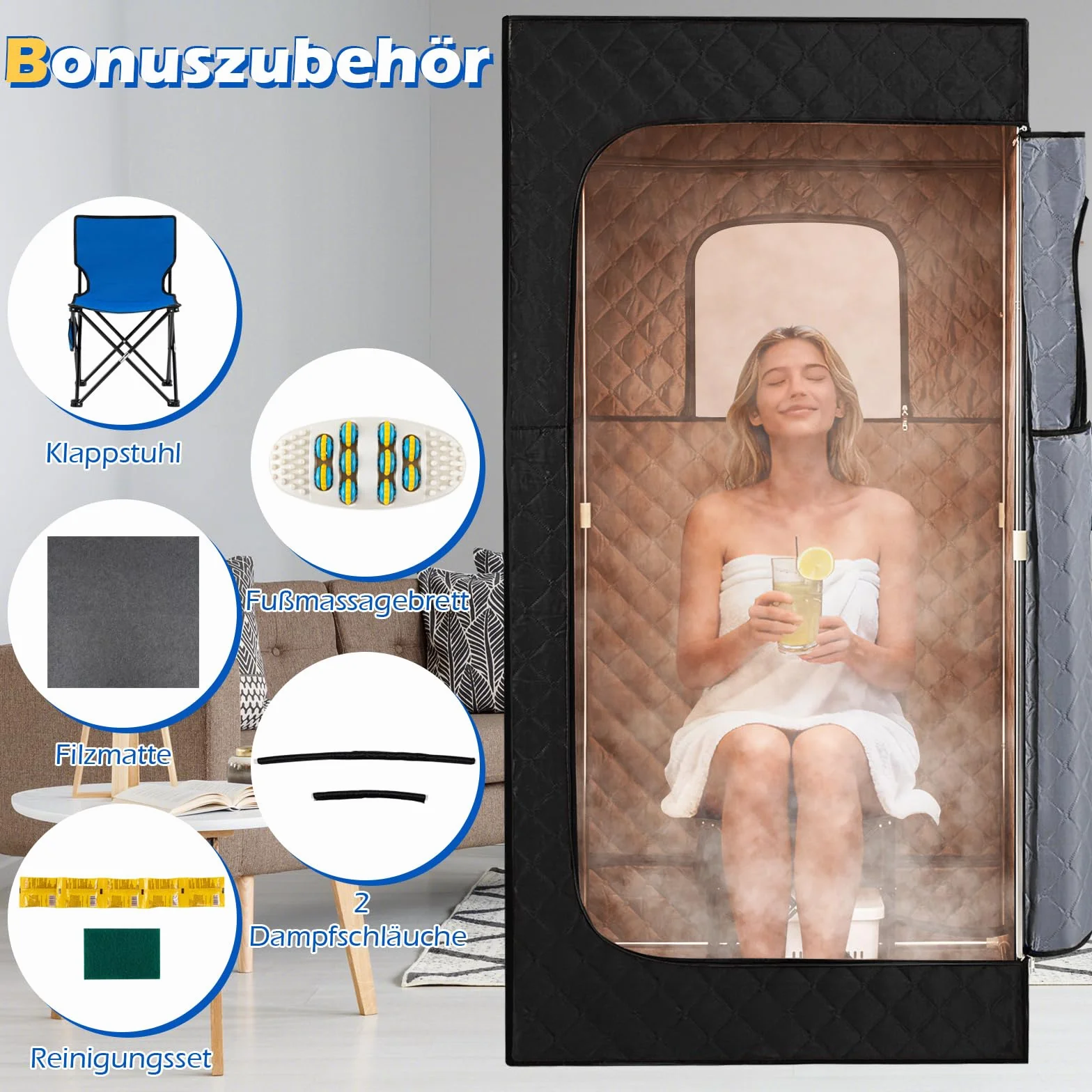 COSTWAY Sauna parowa 3 l, 1200 W, namiot do sauny z 15-stopniową regulacją temperatury, pilot zdalnego sterowania, timer, składane krzesło i mata, przenośna sauna domowa (88 x 88 x 179 cm, czarna)