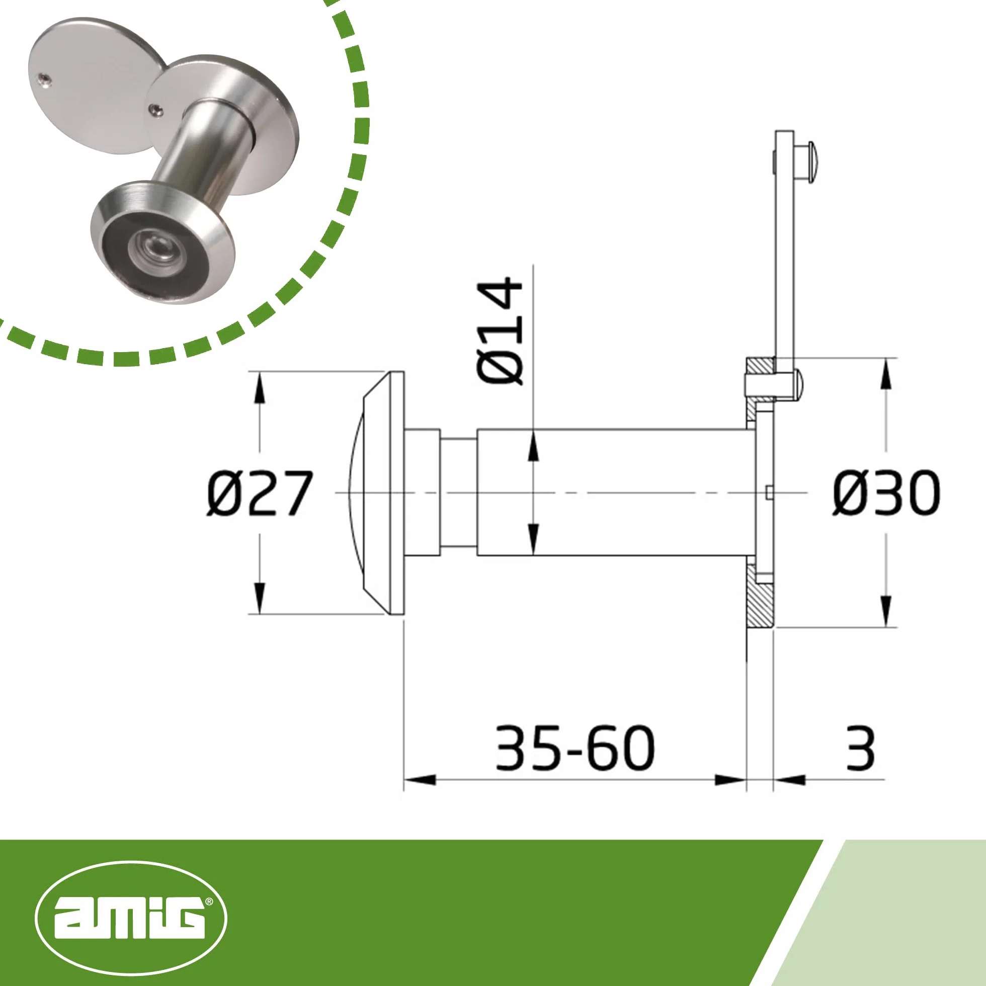Amig - Mod. wizjer 3 z super kątową soczewką do drzwi wewnętrznych i zewnętrznych 3-14 z aluminium w kolorze srebrnym - aluminium - Wymiary: średnica 14 mm - grubość drzwi: 35-60 mm