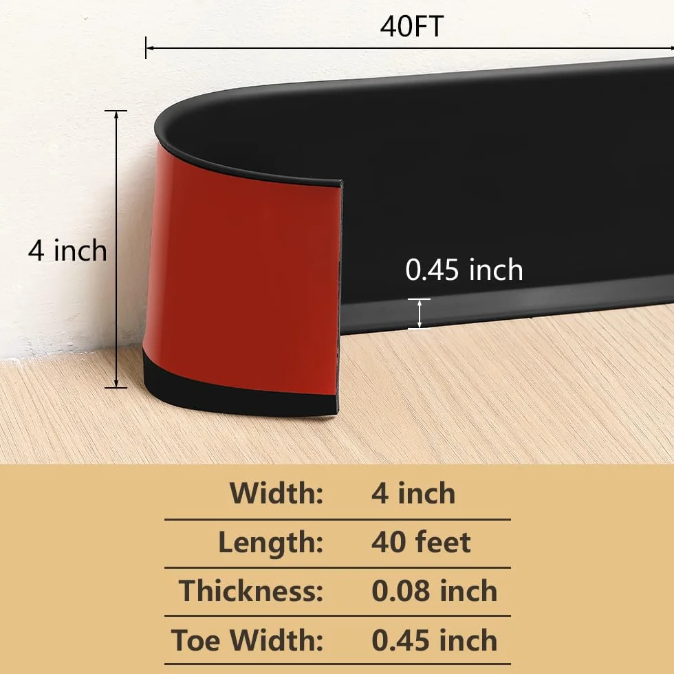 Elastyczna listwa przypodłogowa, samoprzylepna konstrukcja, winylowa podstawa ścienna, odklej i przyklej, gumowa listwa montażowa, 10 cm (szer.) x 12 m (dł.), czarna