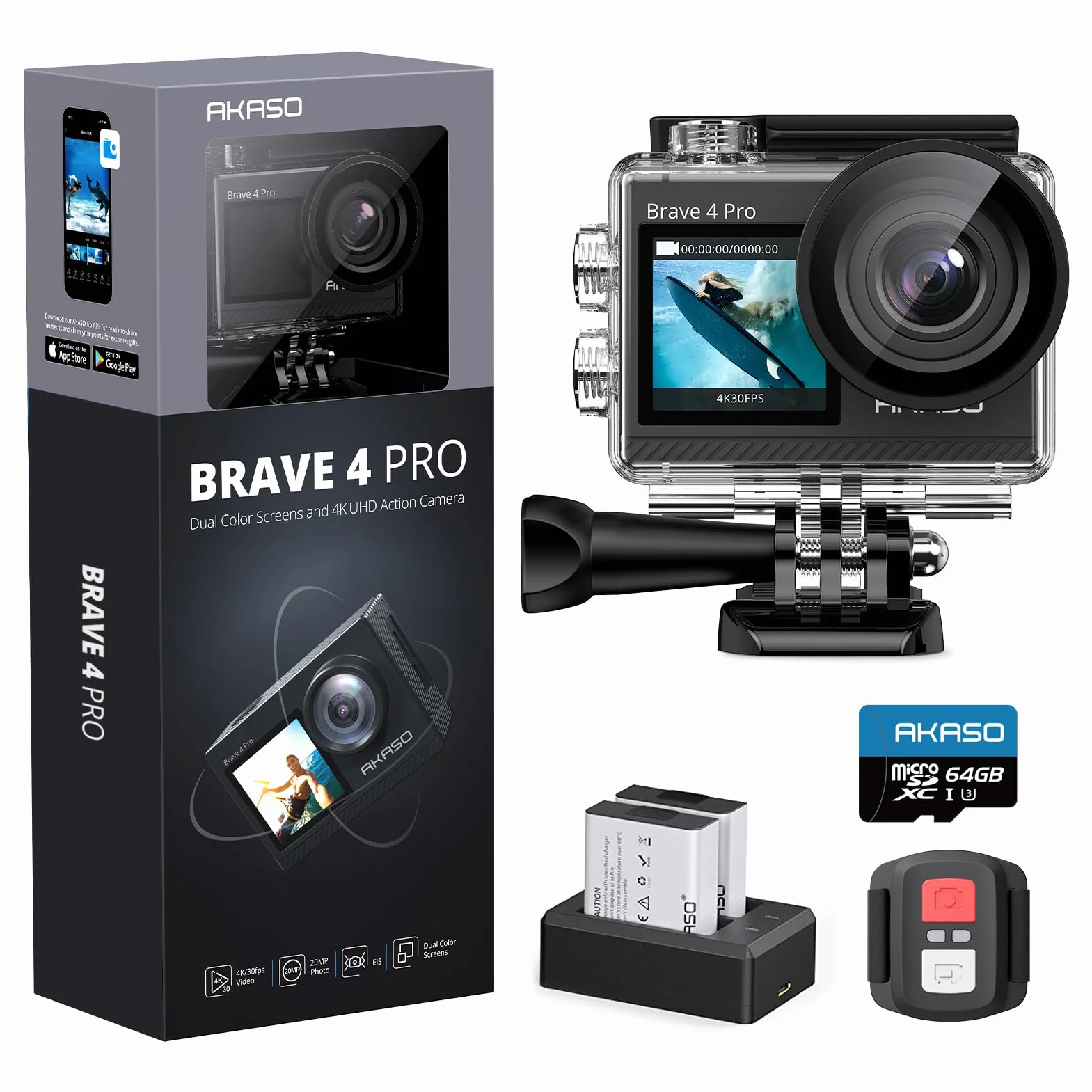AKASO Brave 4 Pro Action Cam 4K 30FPS 20MP z kartą U3 40m, ekran dotykowy Ultra HD, 170° EIS, zoom 5x, pilot 2,4G