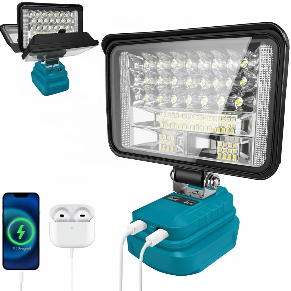 bycpower lampa akumulatorowa do Makita 18 V, 60 W, 5400 lm, bezprzewodowa lampa robocza, 2 tryby pracy LED, reflektor akumulatorowy z 2 ładowaniami USB, przenośny reflektor w sytuacjach awaryjnych, na