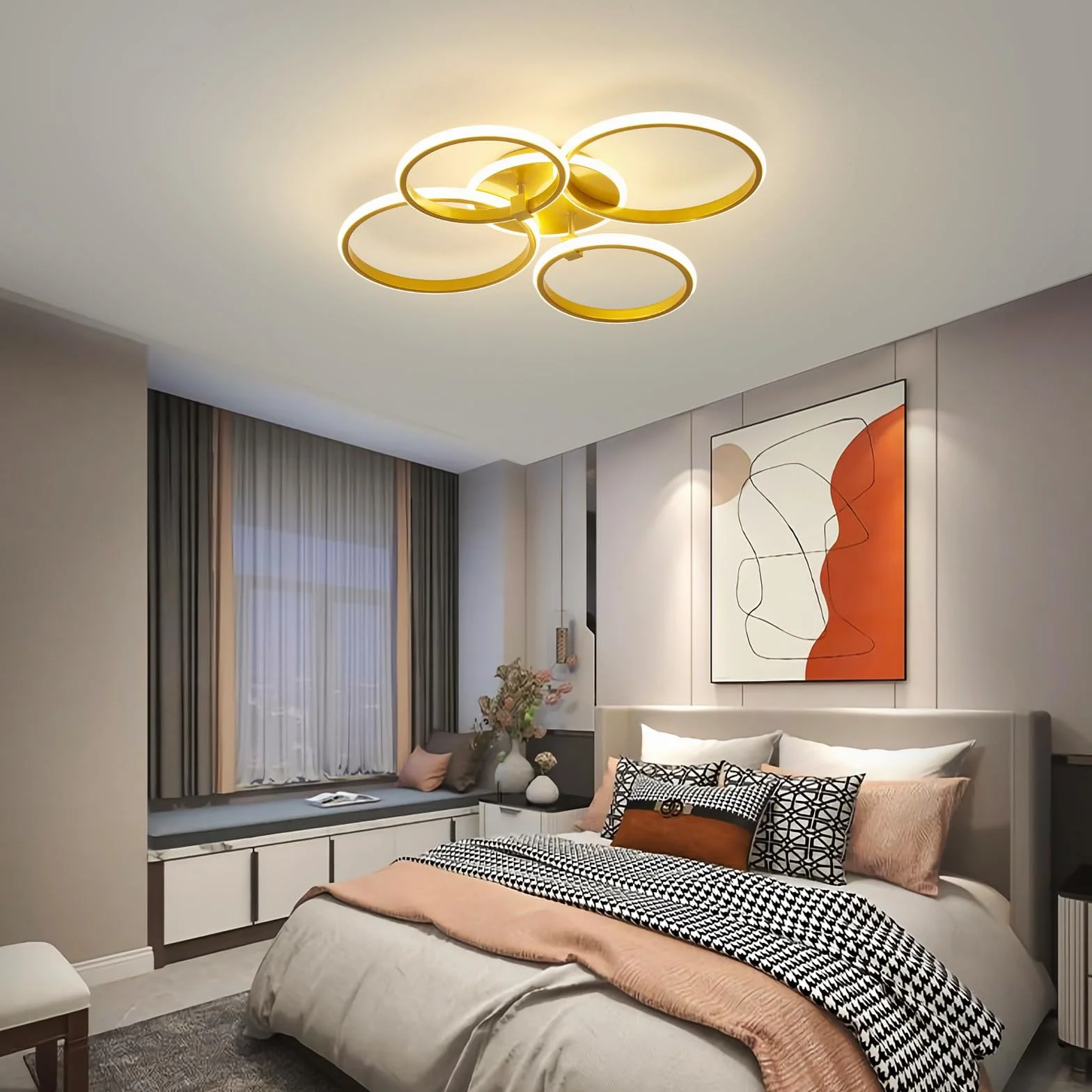 Comely Regulowany Plafon LED, 36W Nowoczesna Oprawa Sufitowa Z Pilotem/3000K-6500K, 4 Pierścienie Okrągła Złota Lampa Sufitowa Do Salonu Sypialni Jadalni, 69 CM