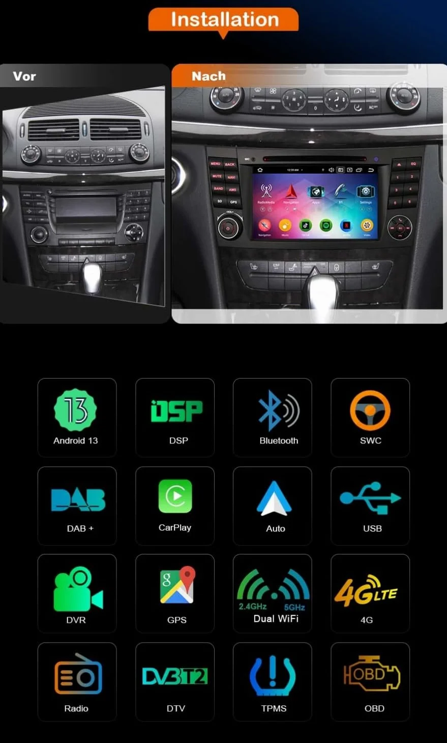 erisin 8 rdzeniowy Android 14 [4+64 GB] Radio samochodowe z nawigacją dla Mercedes Benz klasy E/CLS W211 W219 Obsługa Carplay Android Auto GPS Sat NAV DSP Bluetooth 5.0 WiFi Dab+ TPMS DVR OBD