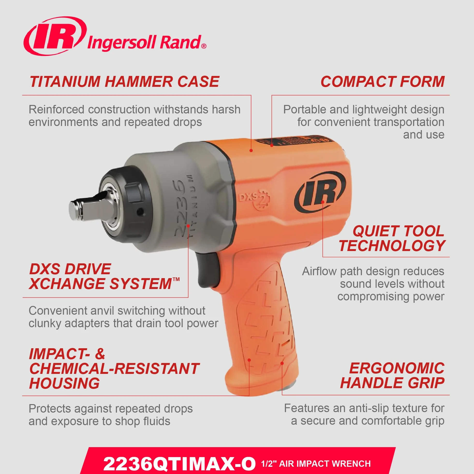 Ingersoll Rand 2236QTIMAX-O DXS2 Klucz Udarowy Pneumatyczny, Cichy, 2033 Nm, Tytanowa Obudowa, Pierścień, Pomarańczowy