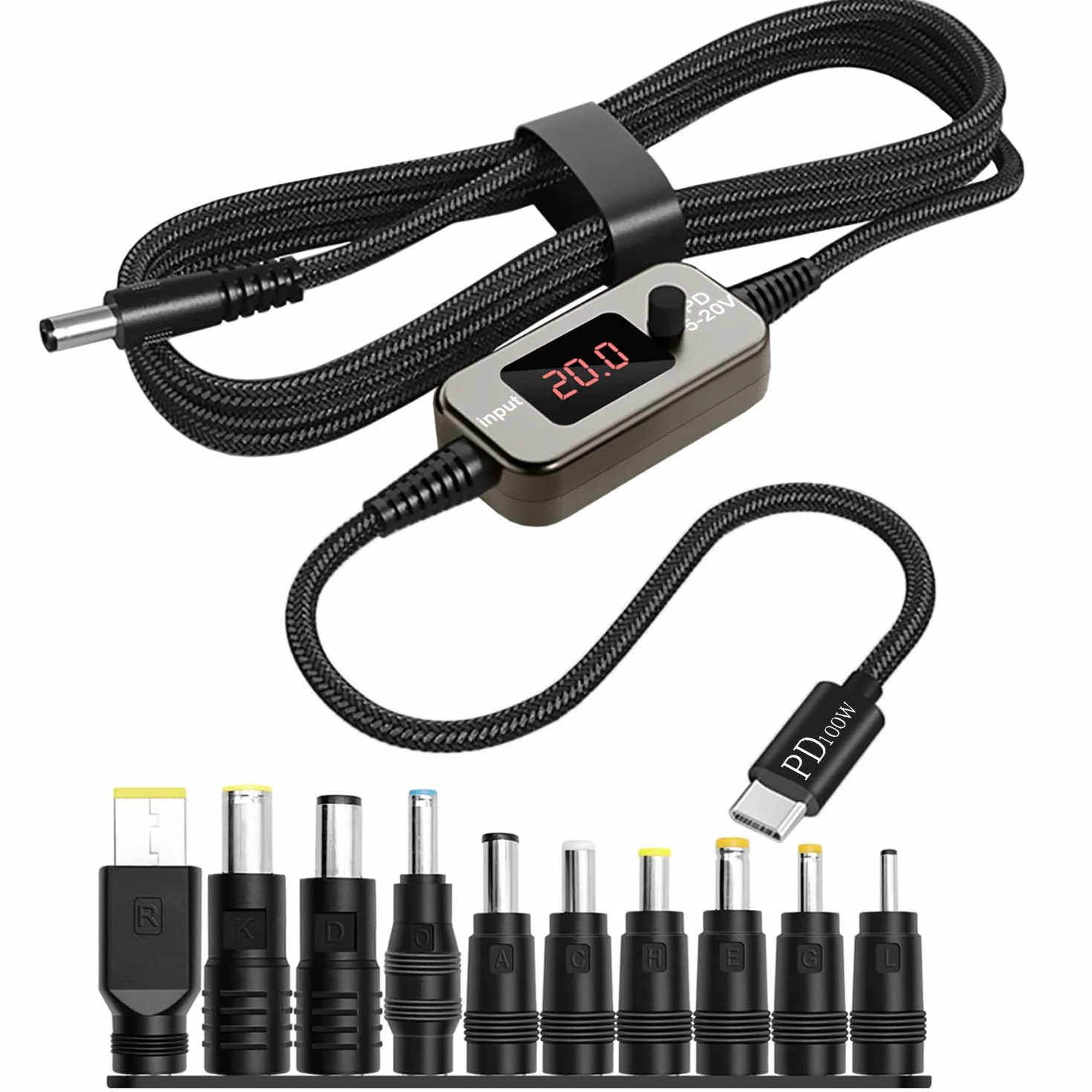 100W USB-C PD do DC Adapterkabel 5A 5,5×2,1mm 10 adapterów DC do laptopa routera monitora kamery 1M kabel nylonowy