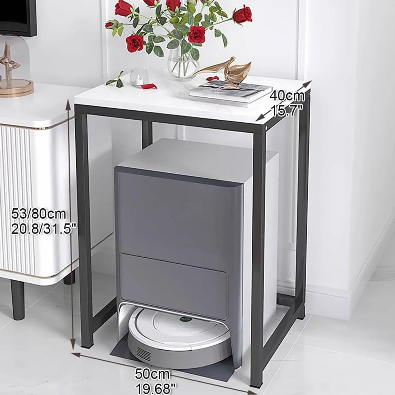 Szafka Na Robota Sprzątającego,Inteligentny Schowek Na Robota Sprzątającego | Stolik Pomocniczy Do Salonu I Organizacji Przestrzeni ,Drewniany Blat, Stojak Pod Akwarium(Black,50X40X53CM)