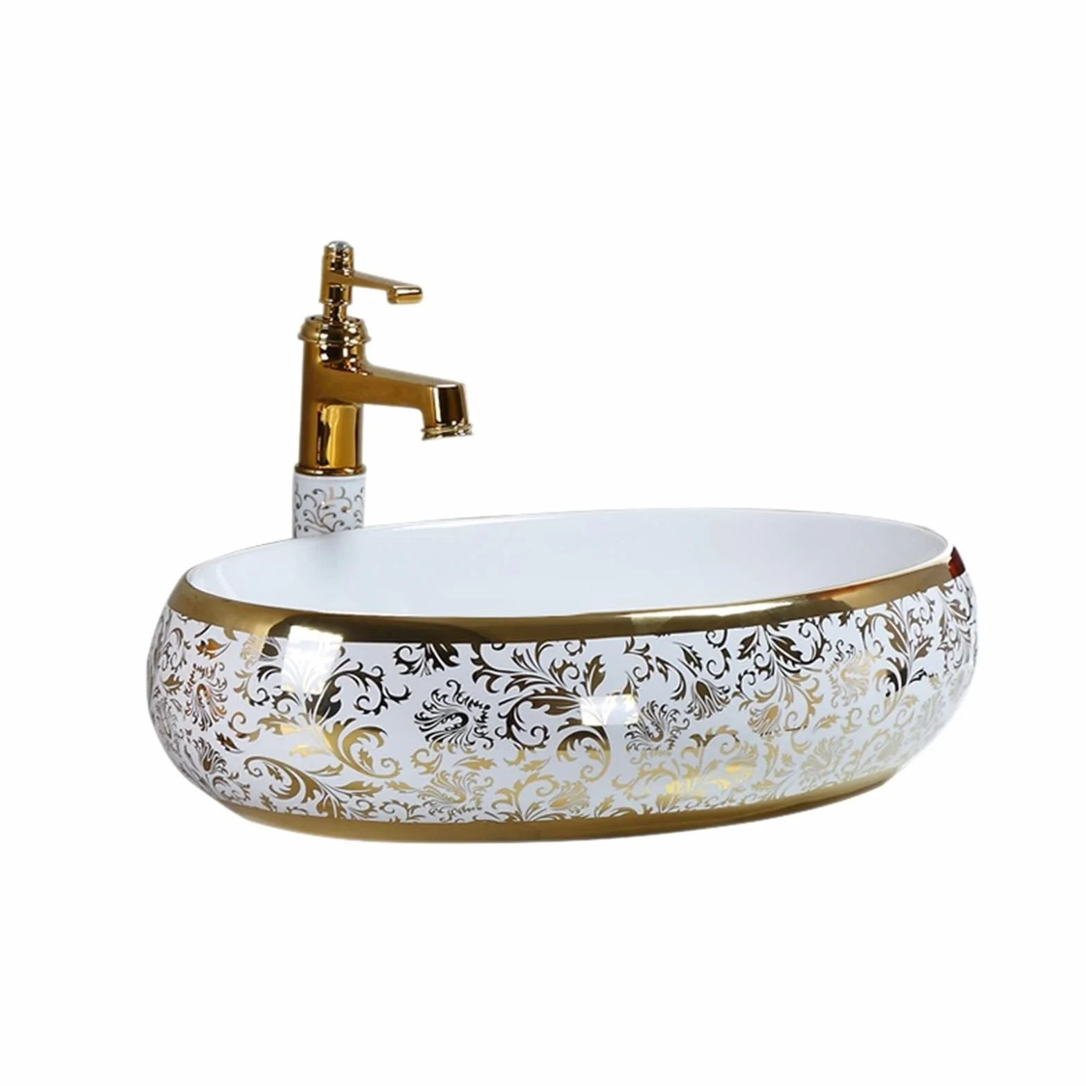 Umywalka Łazienkowa W Stylu Europejskim, Owalna, Ceramiczna, Nablatowa, Luksusowa, Porcelanowa, Złota, Nablatowa, Umywalka Łazienkowa, Umywalka Nablatowa(60X40Cm)