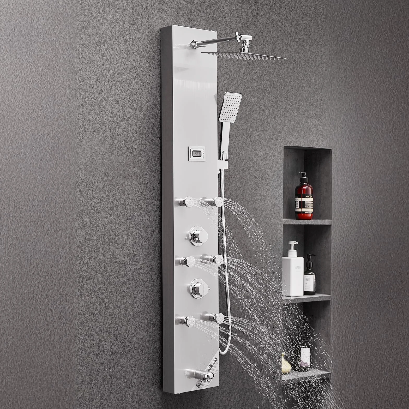 VEVOR Panel prysznicowy z systemem wieżowym z głowicą deszczową, LED, kolumna prysznicowa ze szczotkowanej stali nierdzewnej 1240 mm 4 funkcje, z 6 dyszami korpusu, prysznicem i wylewką do wanny