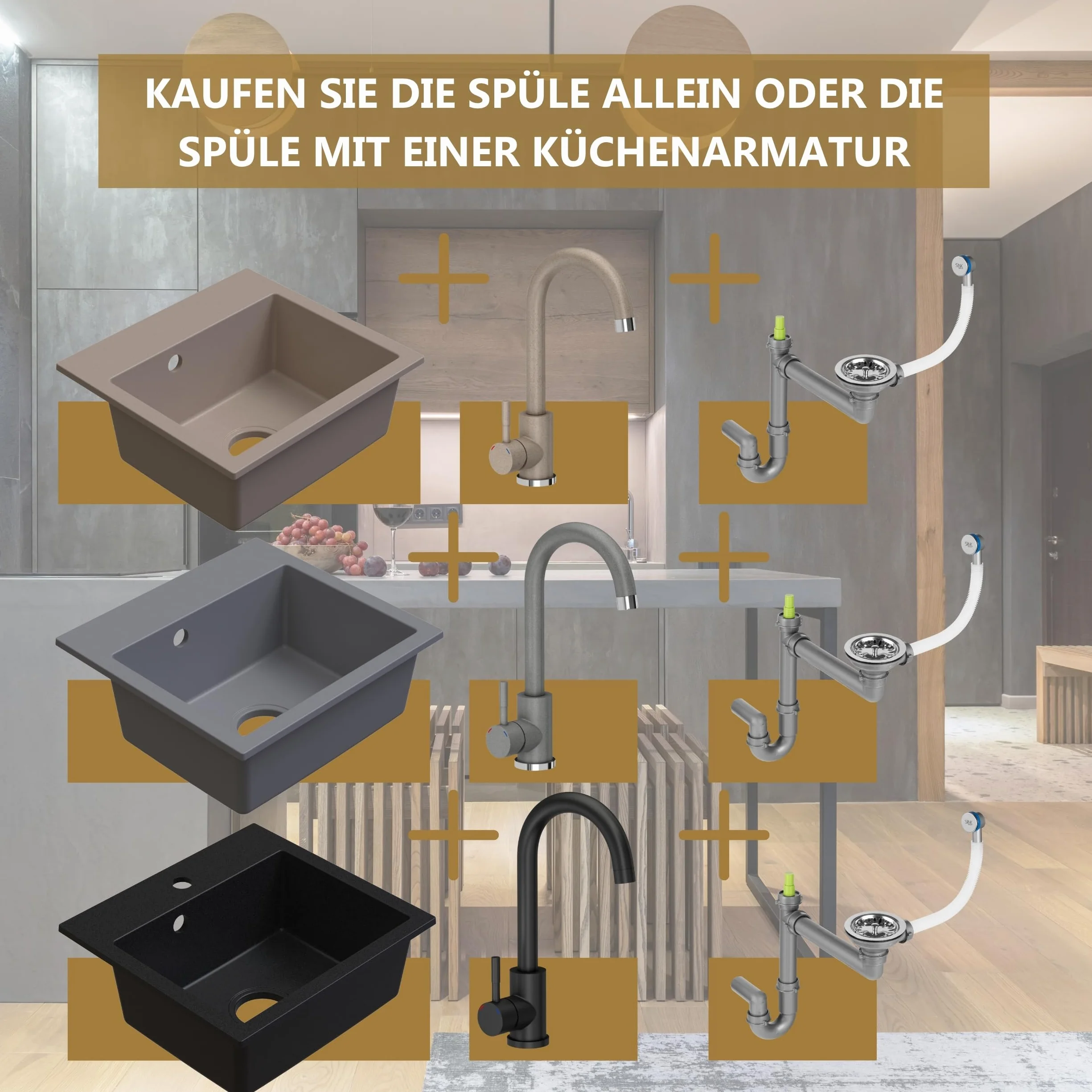 SINK Quality beżowy zlewozmywak z armaturą zestaw 45 × 42 cm – zlewozmywak z kranem, syfonem i impregnacją – kompletny zestaw z granitu – zlewozmywak do szafki pod umywalkę od 45 cm