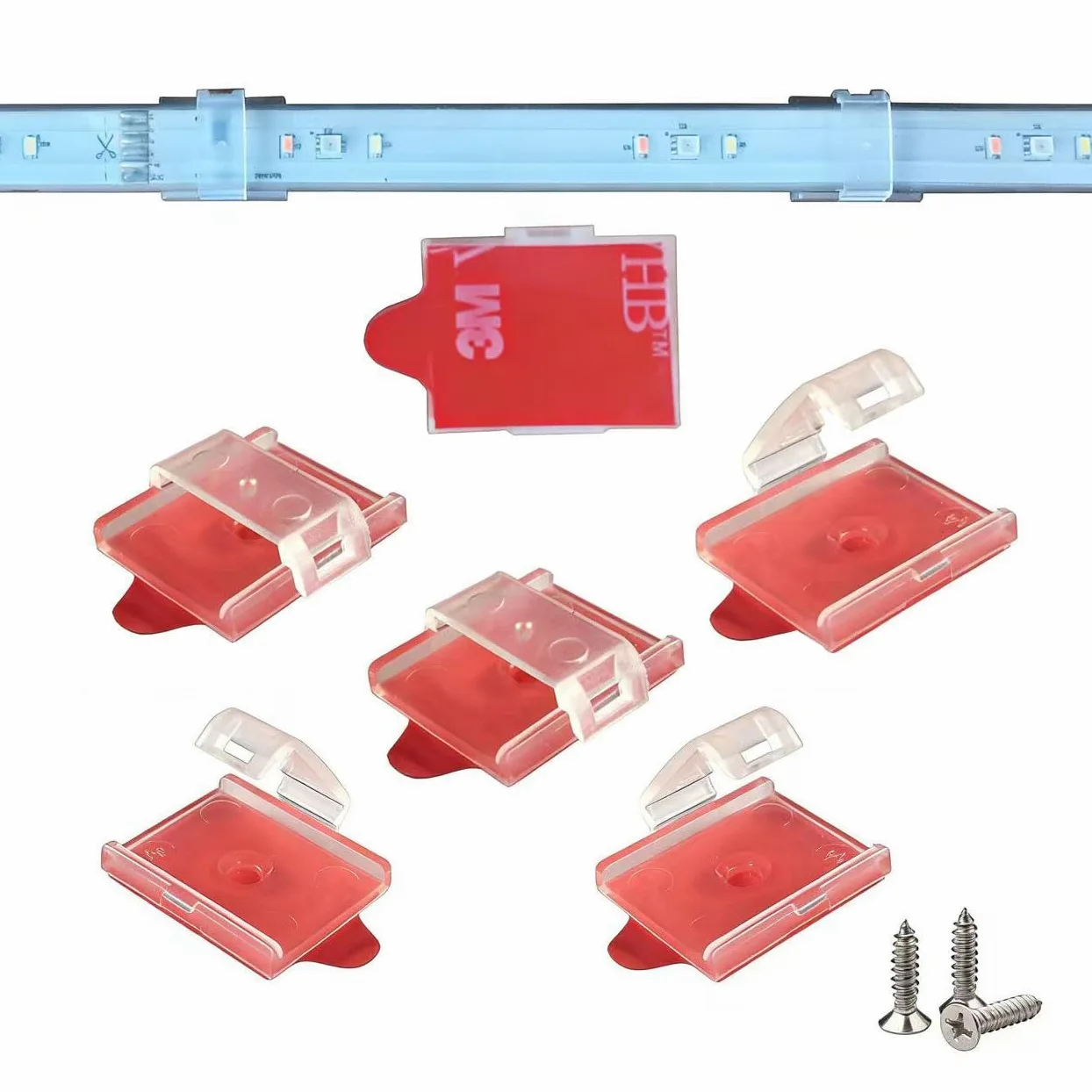 ATB- Przyszłe klipsy do taśm LED do wodoodpornych taśm LED IP67/IP68 o szerokości 12 mm - 14,5 mm i grubości 2,7 mm - 4 mm, samoprzylepne i śrubowe podwójne instalacje. Przezroczyste i 100 szt.