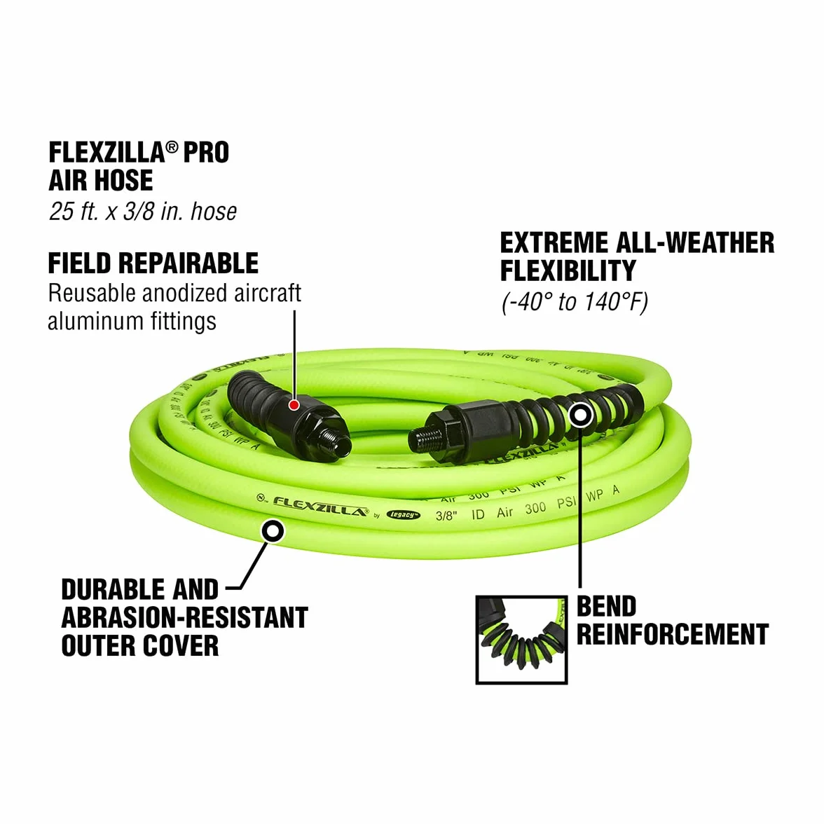 Flexzilla HFZP3825YW2 Pro wąż powietrzny, złączki 1/10.2 cm MNPT, 3/20.3 cm (cale) x 25' (stopy)