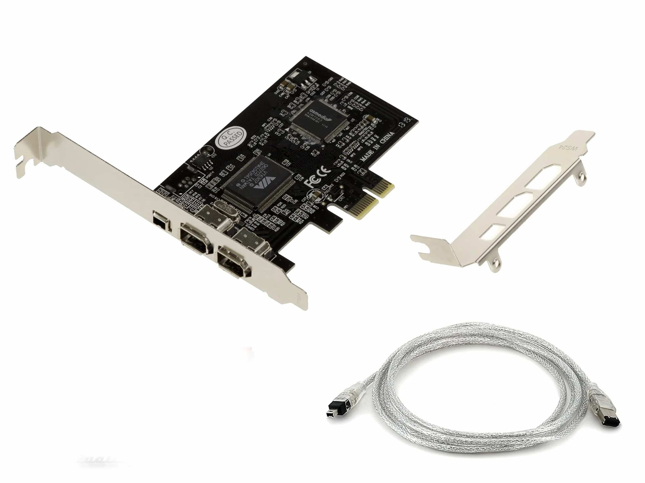 KALEA-INFORMATIQUE 3-portowa karta kontrolera IEEE1394a PCIe FireWire 400 z chipsetem VIA6308 i ASM1083. Wsporniki o wysokim i niskim profilu, z kablem Ilink.