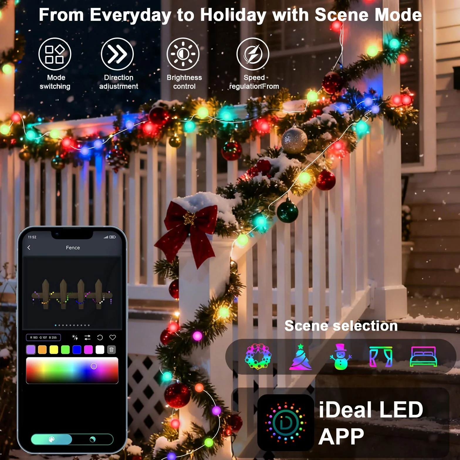GuKKK Światła na choinkę, łańcuch świetlny RGB z 66 lampkami LED, sterowanie za pomocą aplikacji i pilota, wodoodporne oświetlenie bożonarodzeniowe do ogrodu, na imprezę (10 m, bombka)