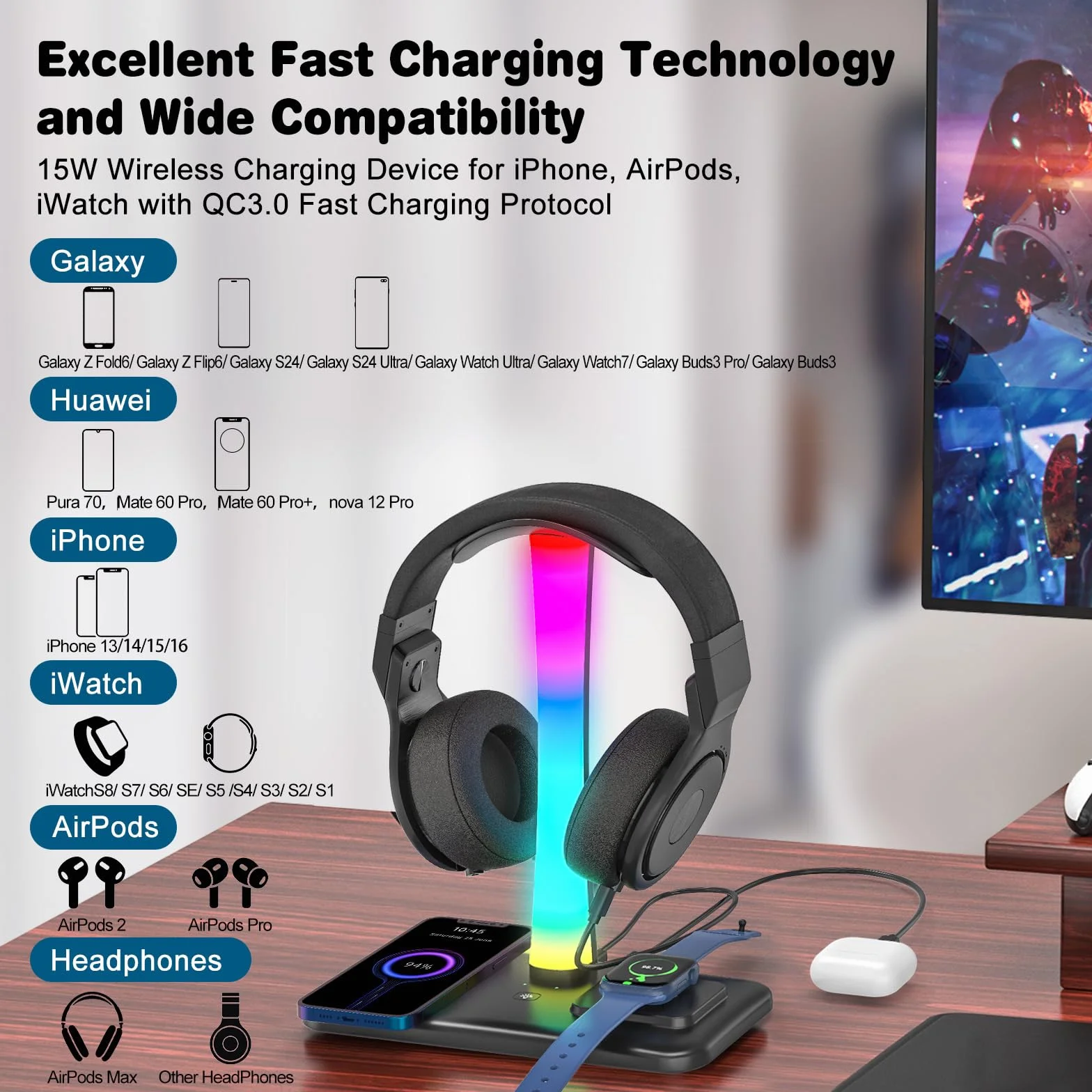 Stojak na Słuchawki 3 w 1 RGB Bezprzewodowe Ładowanie 7 Trybów Świietlnych 1 Port USB