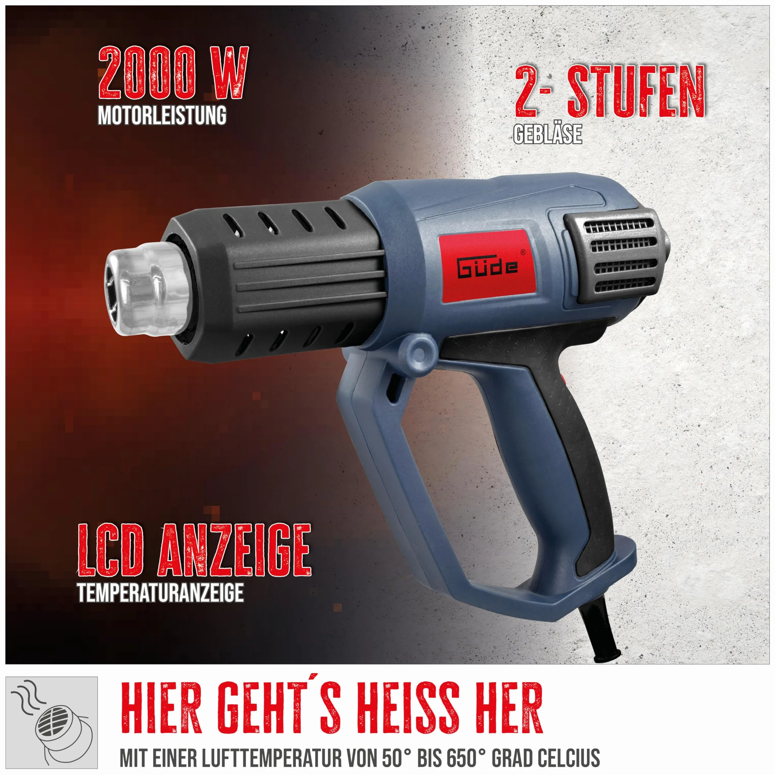 Güde 58121 HLG 650-2000 LCD dmuchawa na gorące powietrze pistolet (wskaźnik temperatury LED, 50-650°C, 4 dysze nasadkowe, 2000 W)