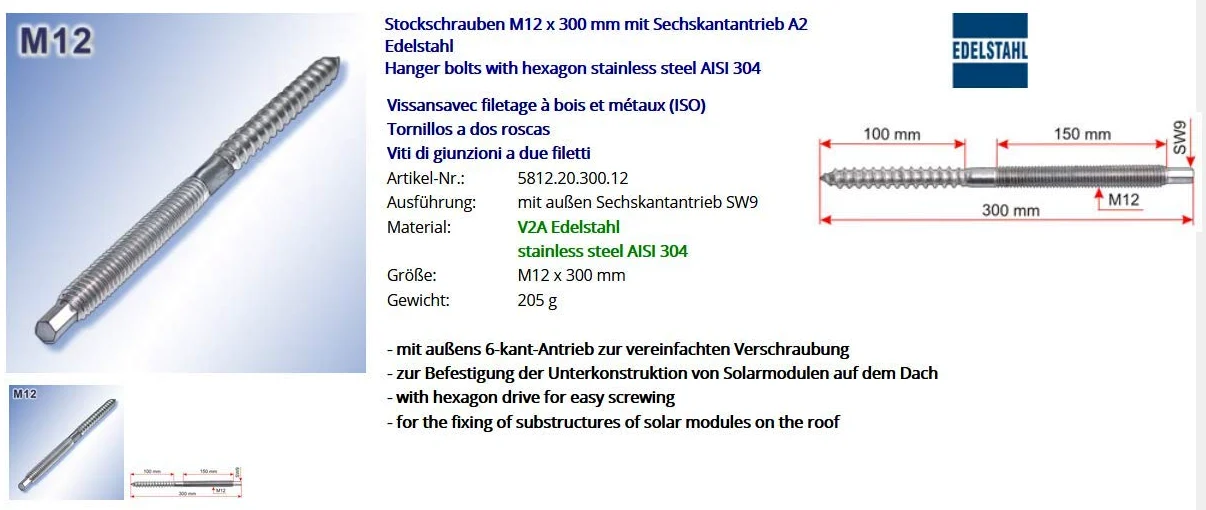 Śruby trzpieniowe M12 x 300 mm z gniazdem sześciokątnym A2 stal szlachetna 10 sztuk