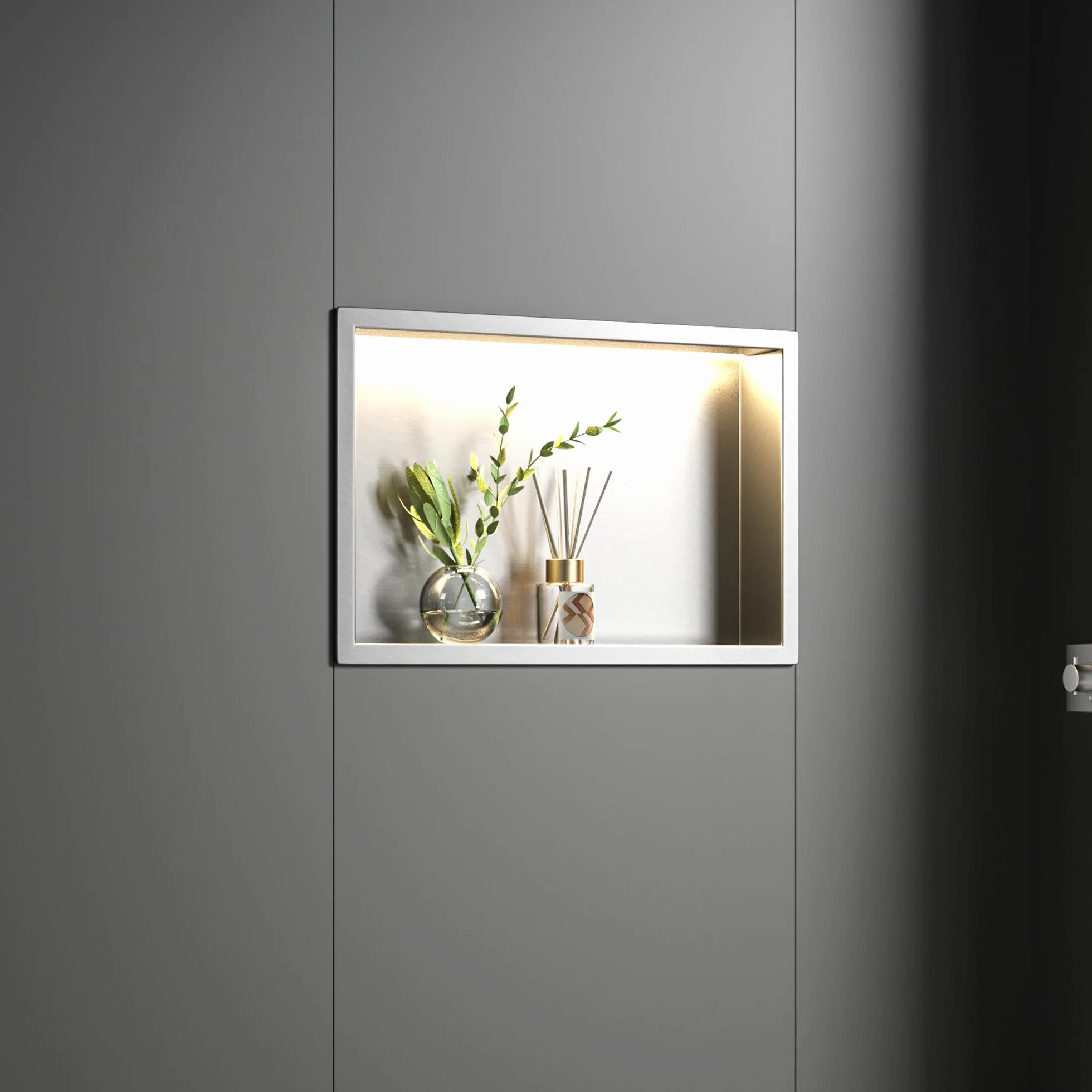 Nisza prysznicowa ze stali nierdzewnej 45 cm x 30 cm szczotkowana, z oświetleniem LED | Wodoszczelna, bez konieczności stosowania płytek – wnękę ścienną do przechowywania w łazience, możliwość montażu nad wanną