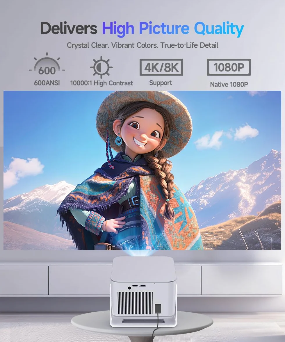 Alwtniet Mini projektor 4K 8K, obsługa Full HD 1080p, Smart Projector z systemem Android 14, WiFi 6 Bluetooth 5.4, autofokus, automatyczne ustawianie ostrości, 180°, małe kino domowe, ultrakrótki