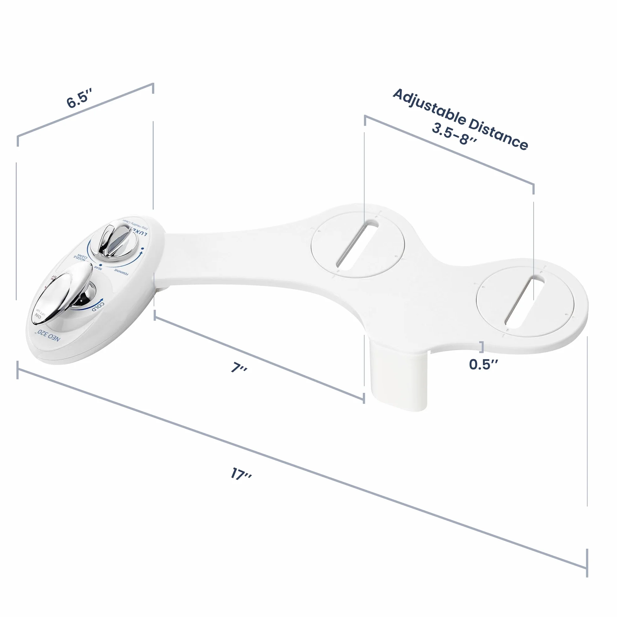 Luxe Bidet Neo 320 biała 320-samoczyszcząca podwójna dysza - gorąca i zimna woda nieelektryczna mechaniczna nasadka do toalety, 43 x 25,4 x 7,6 cm.