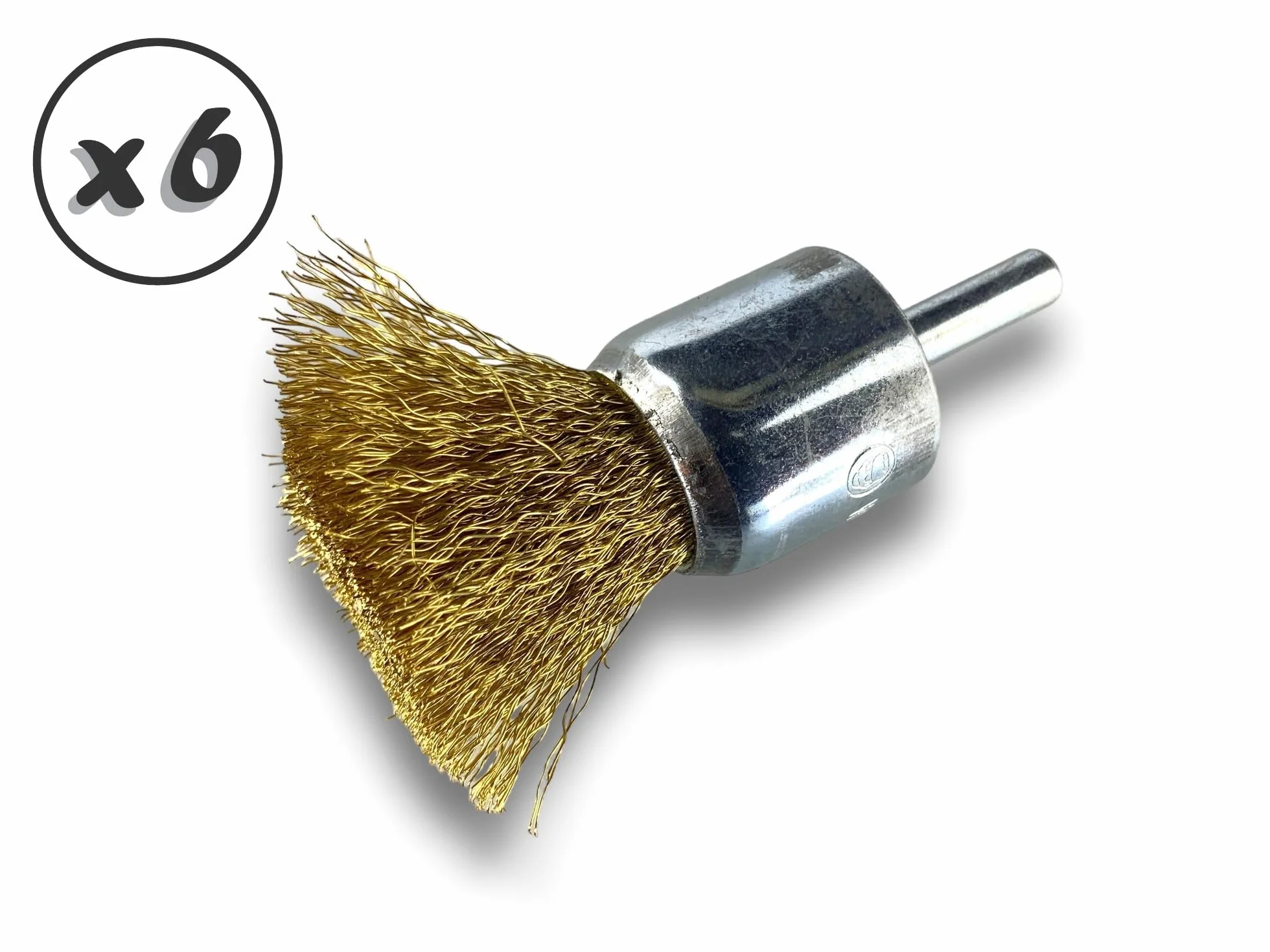 Metalowa szczotka obrotowa z końcówką Ø 22 mm | Zestaw 6 sztuk | Kształt pędzla na trzonku Ø 6 mm | Nici mosiężne Ø 0,20 mm miękkie | Do wiertarki lub wkrętarki z uchwytem | Kibros 20LV22x6