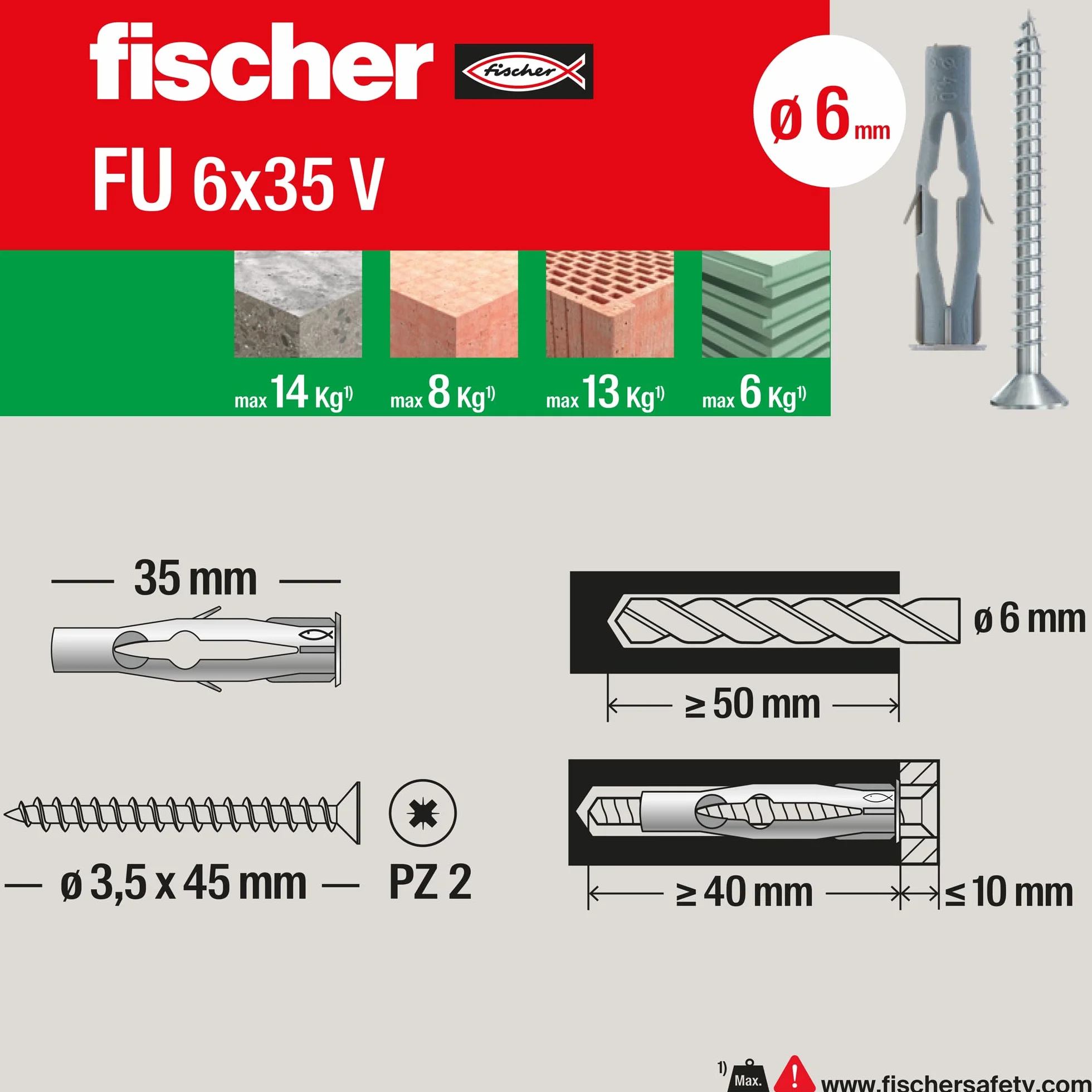 Fischer 25 x kołek motylkowy FU ze śrubą, 6 x 35 mm, do płyt gipsowo-kartonowych, płyt kartonowo-gipsowych, płyt i murów