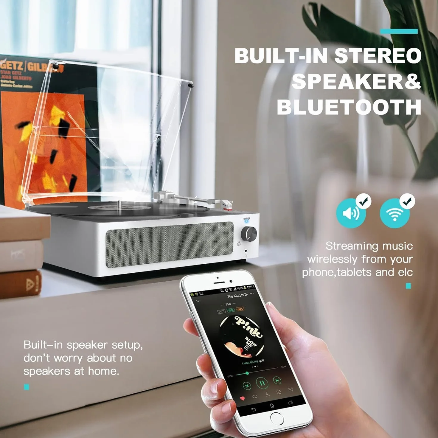 Gramofon bezprzewodowy LP z winylem, 3-biegowy napęd pasowy, retro biały